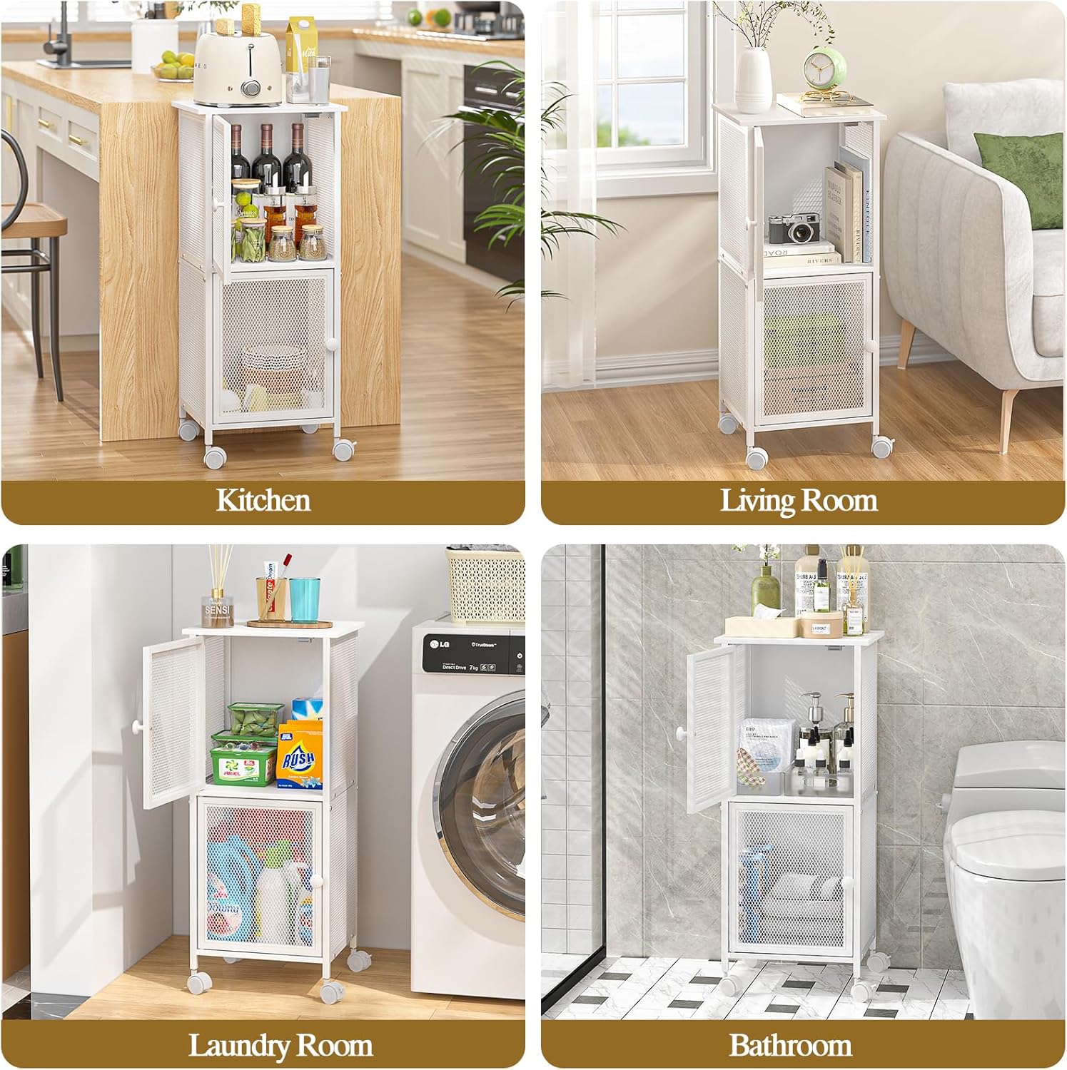 Wooden Bathroom Standing Shelf with 2 Metal Doors, Slim Bathroom Storage Cart for Small Spaces