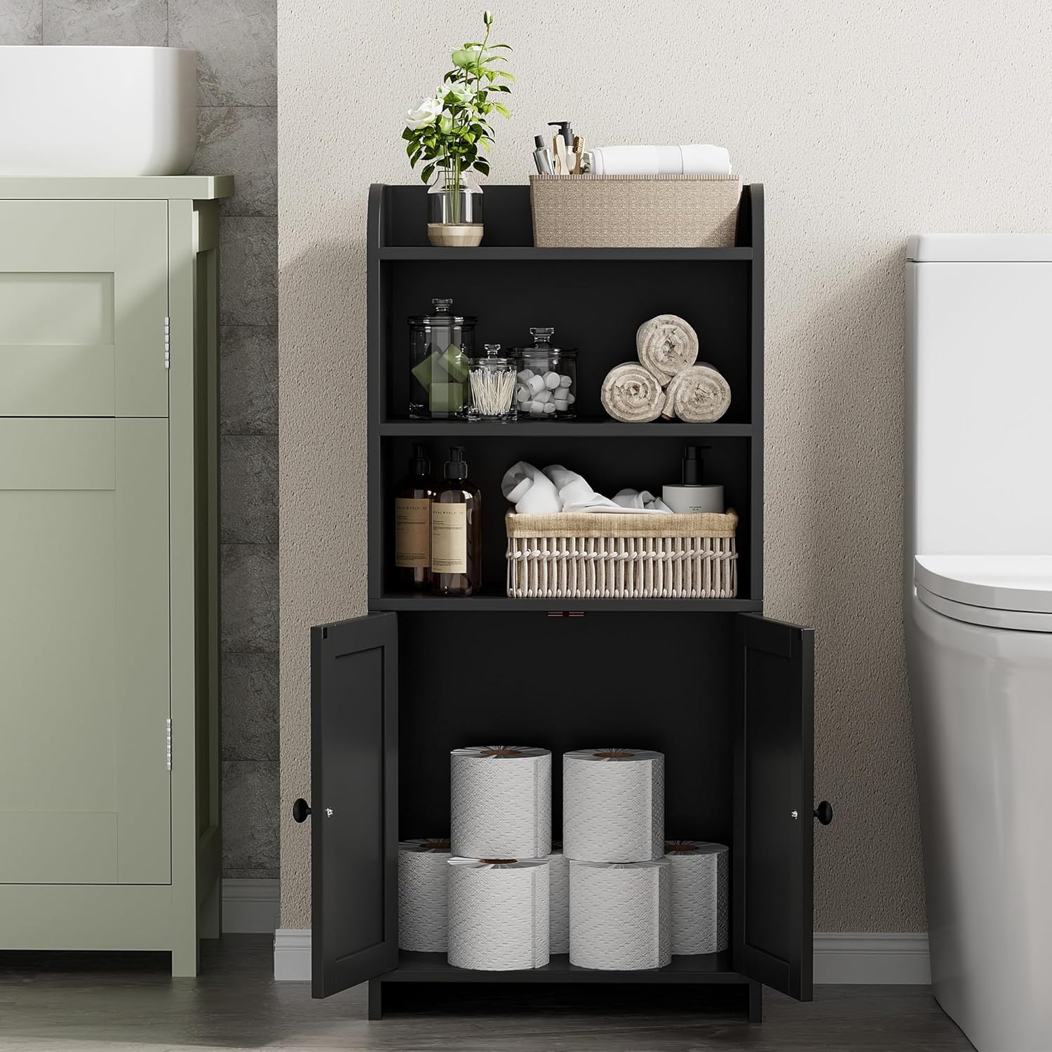 Freestanding Toilet Paper Storage with 2 Doors and Shelves, 7.9" D x 14.6" W x 31" H