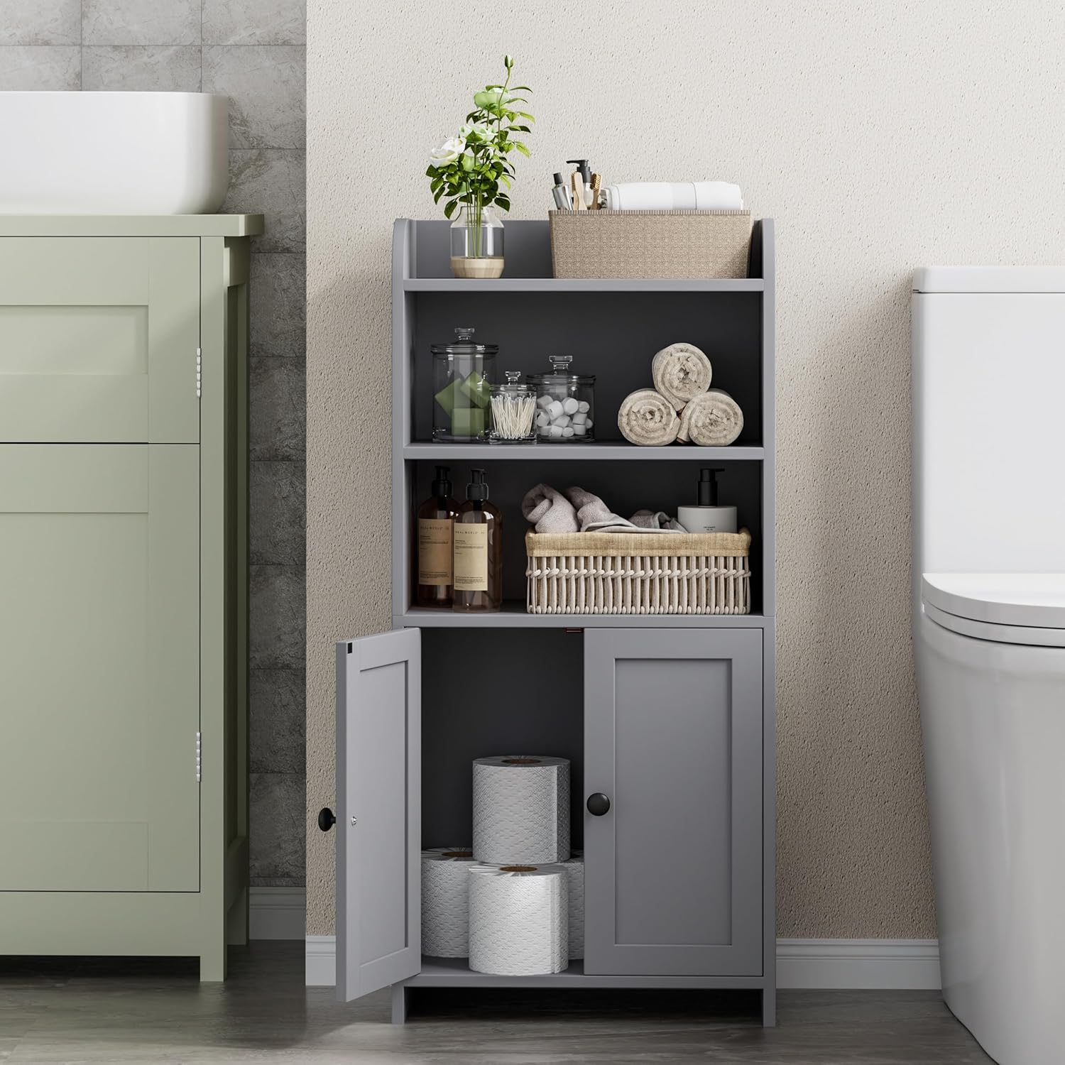 Freestanding Toilet Paper Storage with 2 Doors and Shelves, 7.9" D x 14.6" W x 31" H