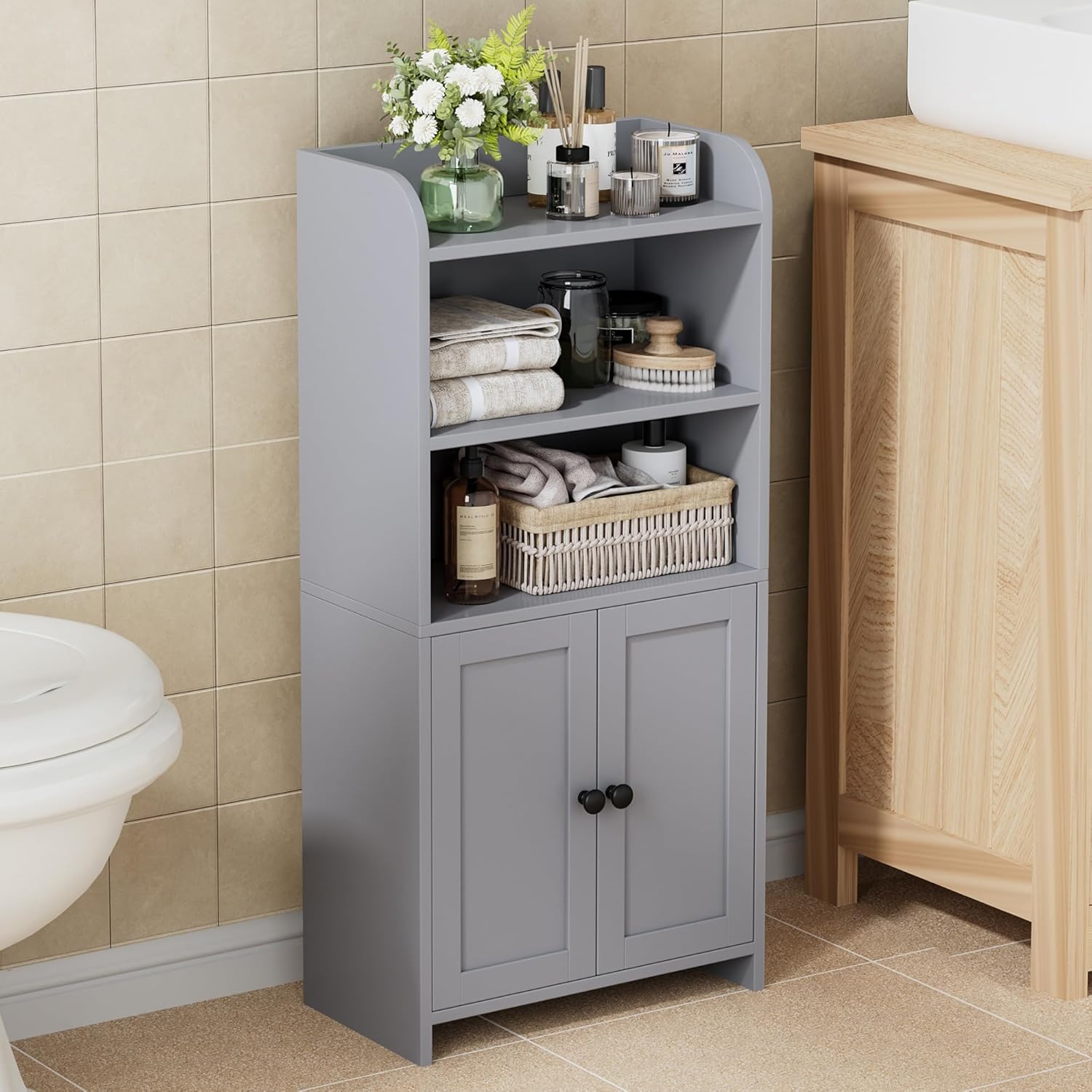 Freestanding Toilet Paper Storage with 2 Doors and Shelves, Bathroom Organizers and Storage for Small Spaces, 7.9" D x 14.6" W x 31" H