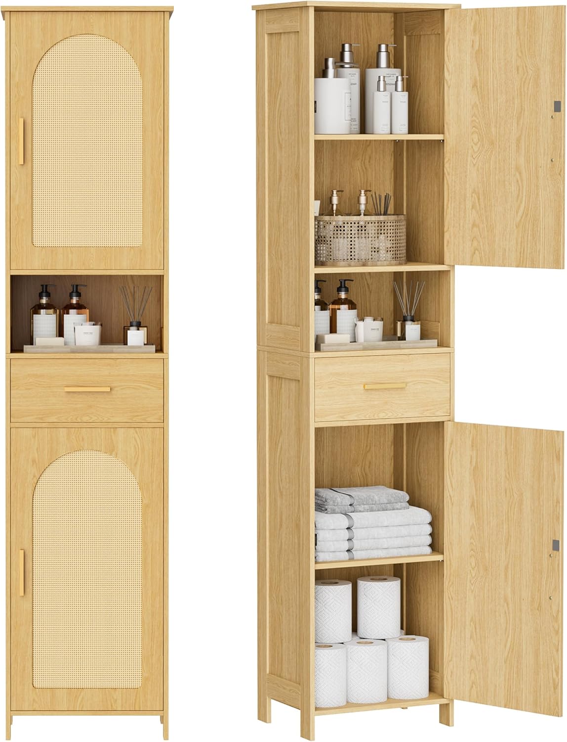 67"H Tall Bathroom Storage Cabinet with Rattan Decorated Door and Drawer, Narrow Storage Unit