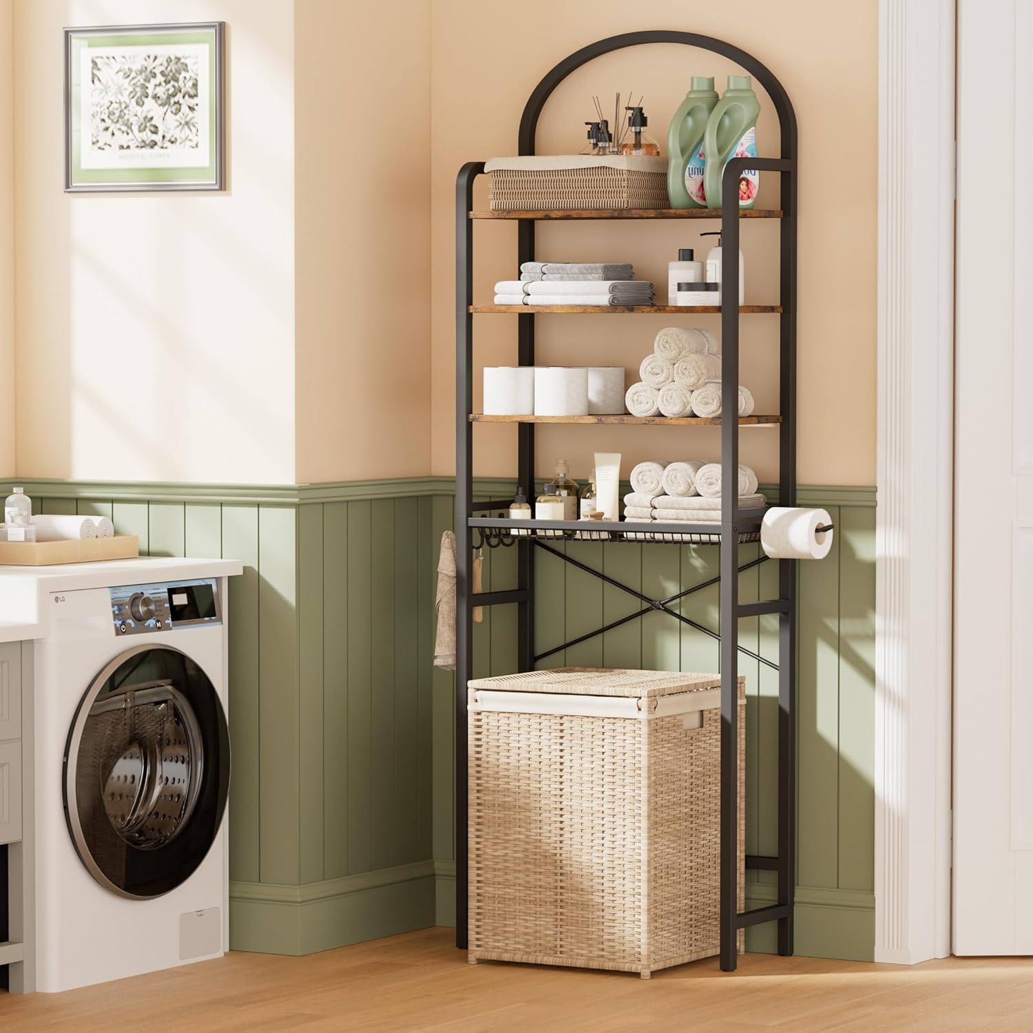 4-Tier Over The Toilet Storage with 4 Hooks and Paper Holder, Space Saving, Bathroom Organizer with Adjustable Feet