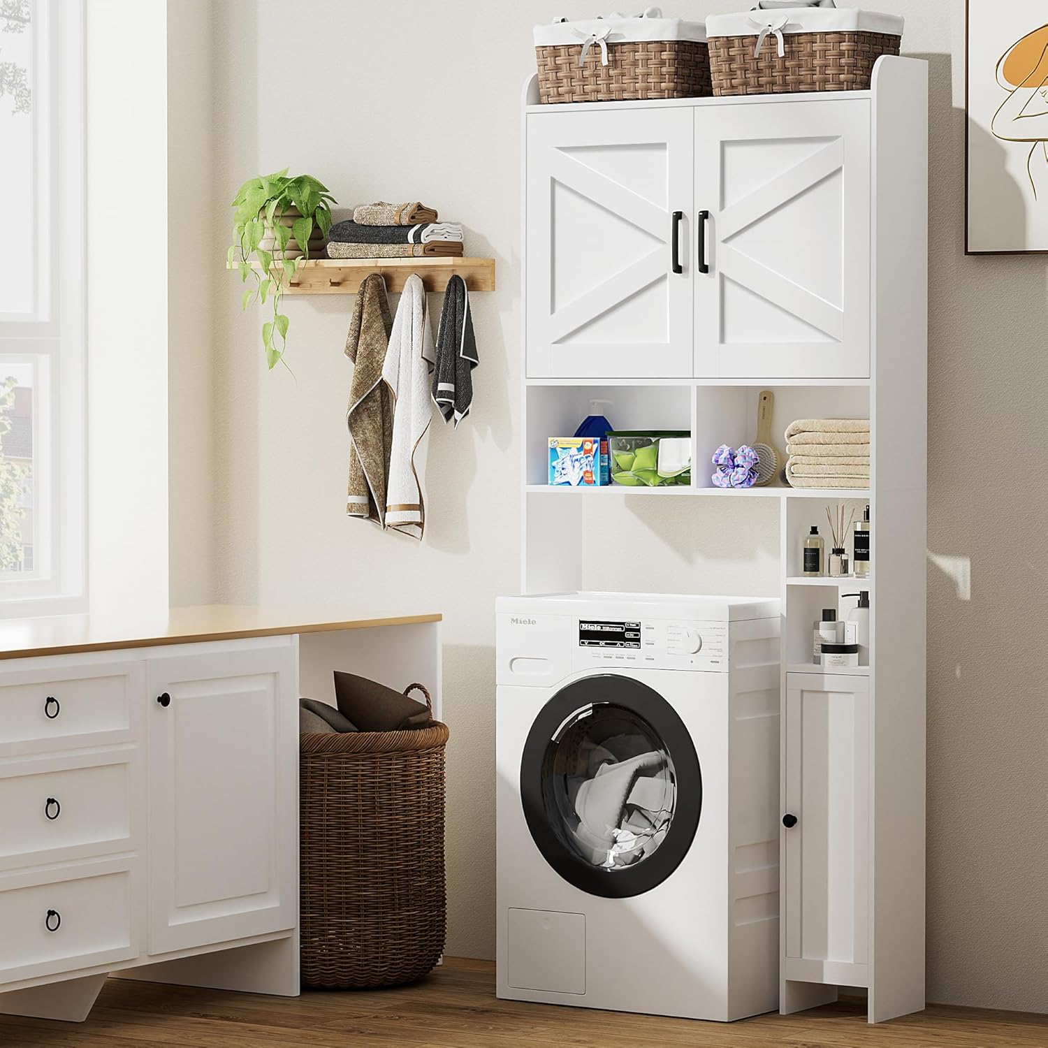Over The Toilet Storage Cabinet with 2 Barn Door and Toilet Paper Holder Stand, FreeStanding Toilet Shelf Space Saver