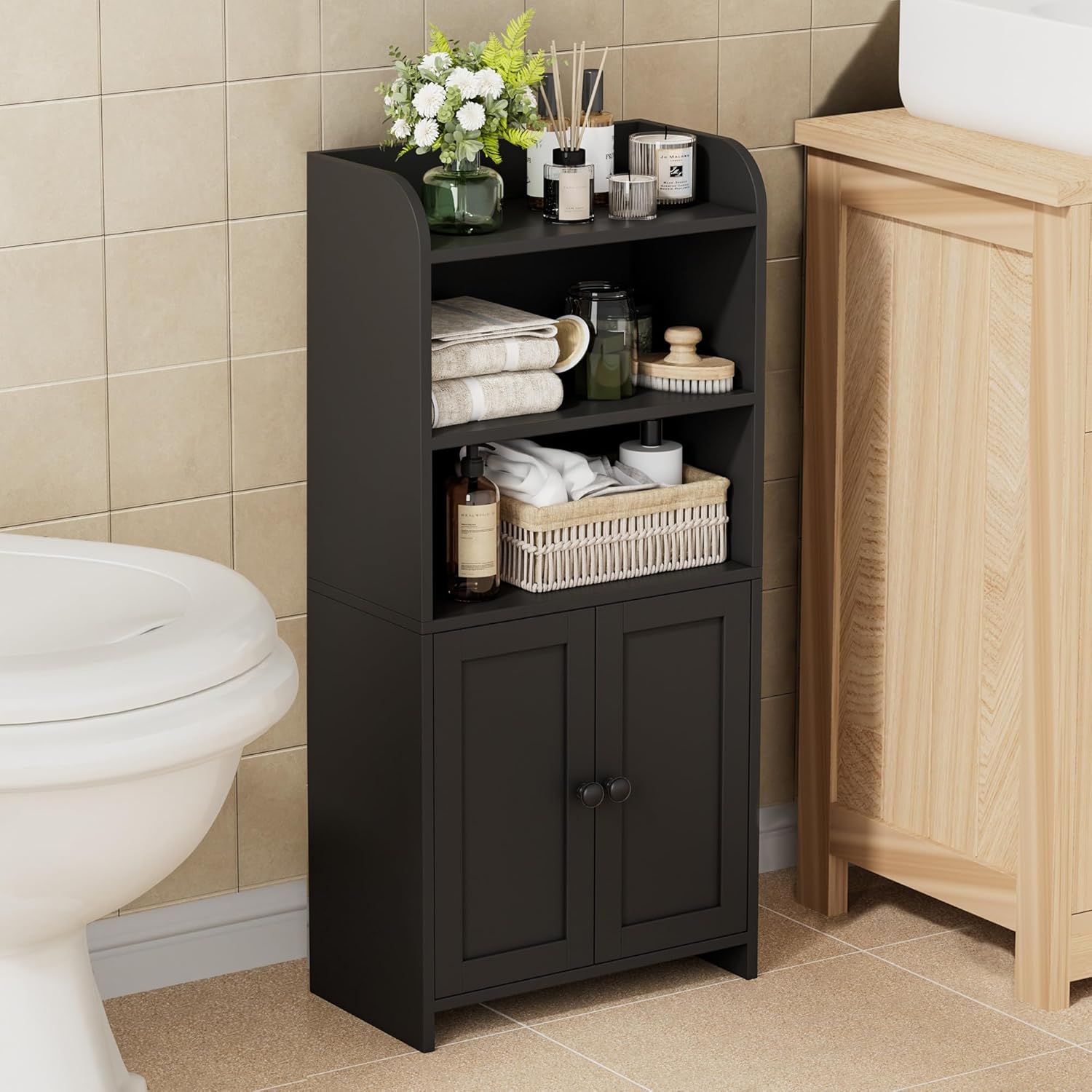Small Bathroom Storage Cabinet, Freestanding Toilet Paper Storage with 2 Doors and Shelves, 7.9" D x 14.6" W x 31" H
