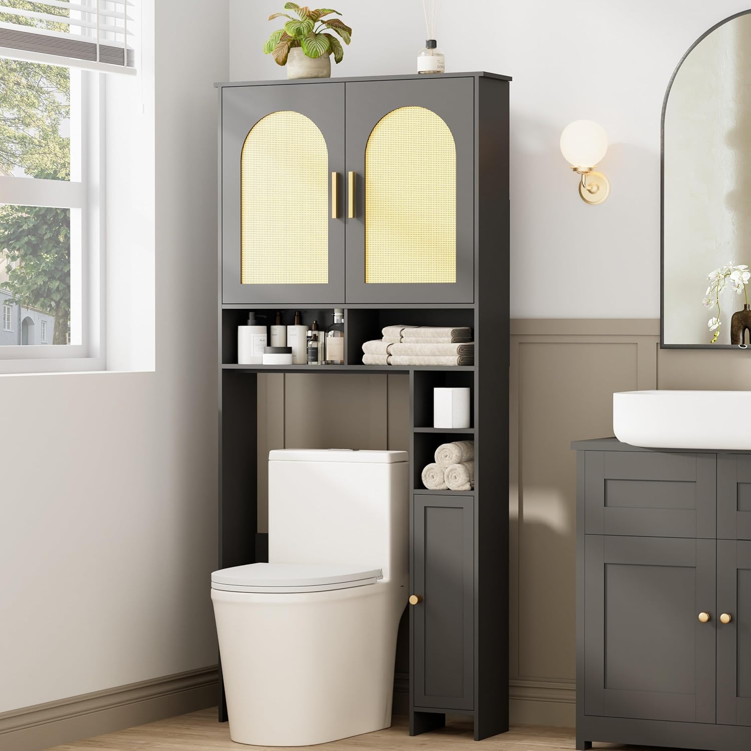 67" H Over The Toilet Storage Cabinet, Boho Bathroom Organizer with Rattan Decorated Doors, 7.9"D x 31.5"W x 67.7"H