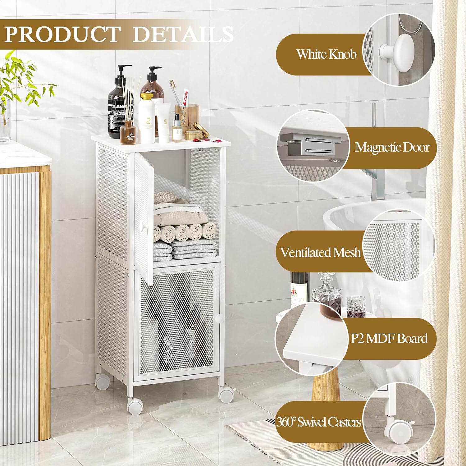 Wooden Bathroom Standing Shelf with 2 Metal Doors, Slim Bathroom Storage Cart for Small Spaces