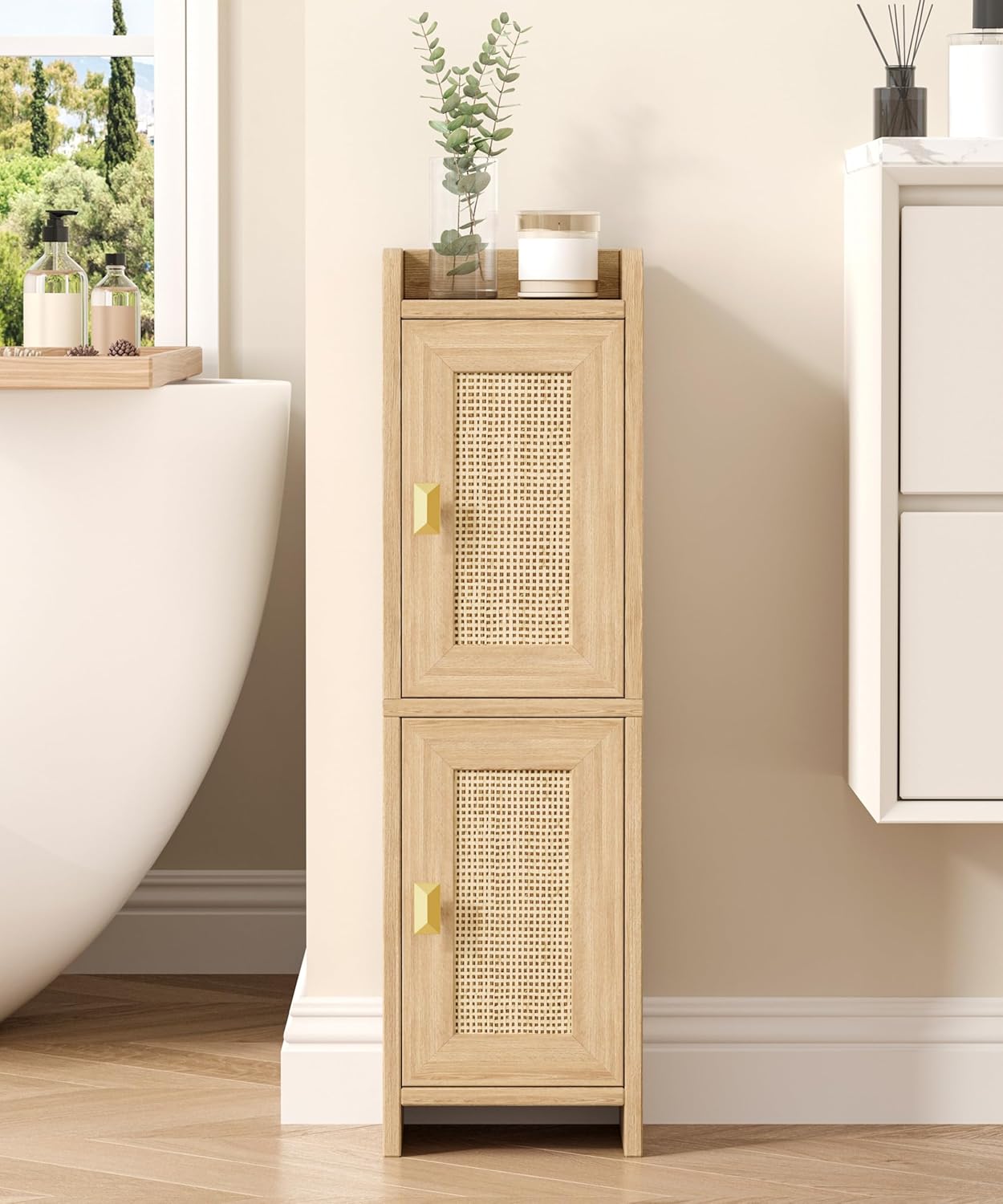 Rattan Small Bathroom Cabinet with 2 Doors, 7.9''D x 7.9''W Narrow Toilet Paper Storage Cabinet, Bathroom Organizer for Small Spaces