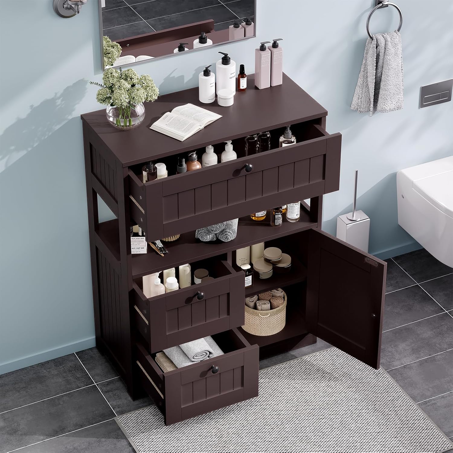 Bathroom Cabinet, Modern Bathroom Floor Storage Cabinet Organizer with 1 Door and 3 Drawers