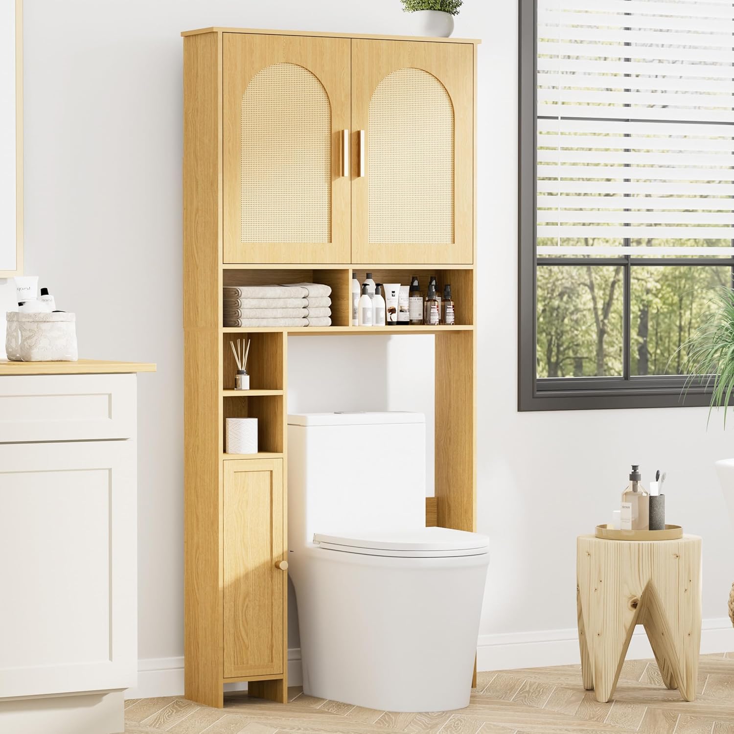 67" H Over The Toilet Storage Cabinet, Boho Bathroom Organizer with Rattan Decorated Doors, Adjustable Shelves, Toilet Paper Holder