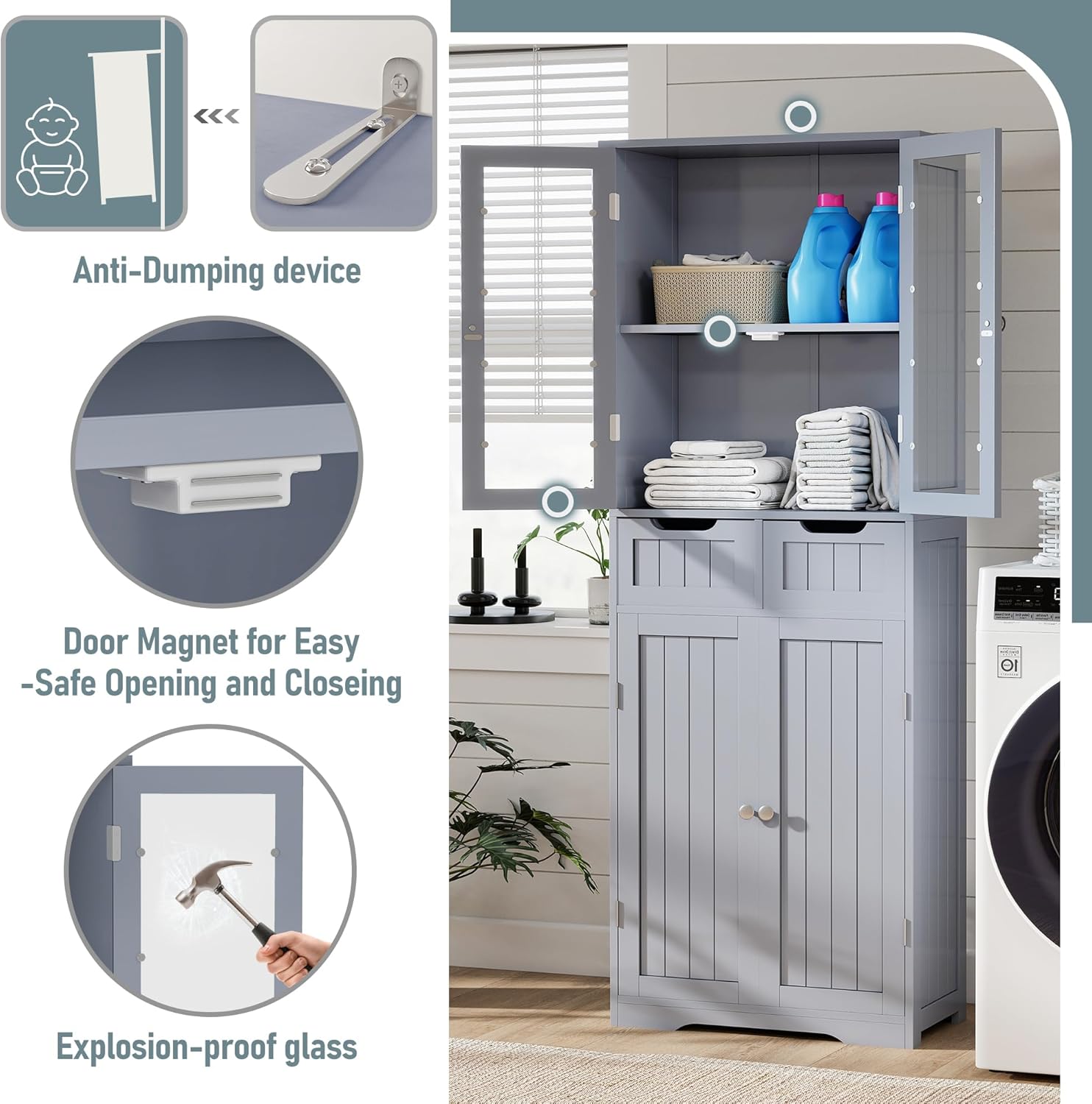 67" Tall White Bathroom Cabinet Storage Cabinet, Freestanding Storage Cabinet with Glass Door and Adjustable Shelves