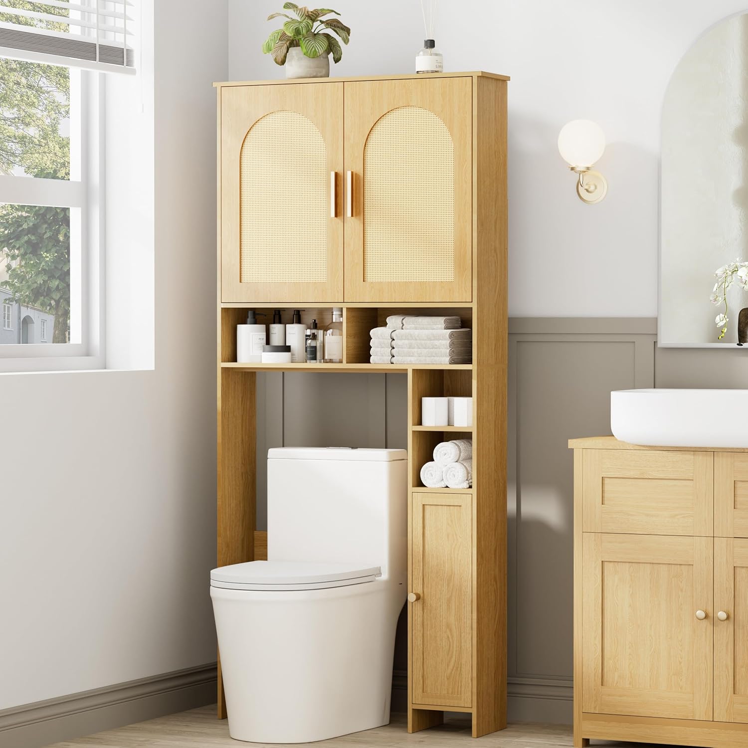 67" H Over The Toilet Storage Cabinet, Boho Bathroom Organizer with Rattan Decorated Doors, Adjustable Shelves, Toilet Paper Holder