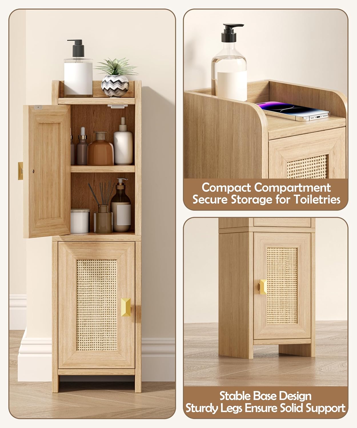 Rattan Small Bathroom Cabinet with 2 Doors, 7.9''D x 7.9''W Narrow Toilet Paper Storage Cabinet, Bathroom Organizer for Small Spaces