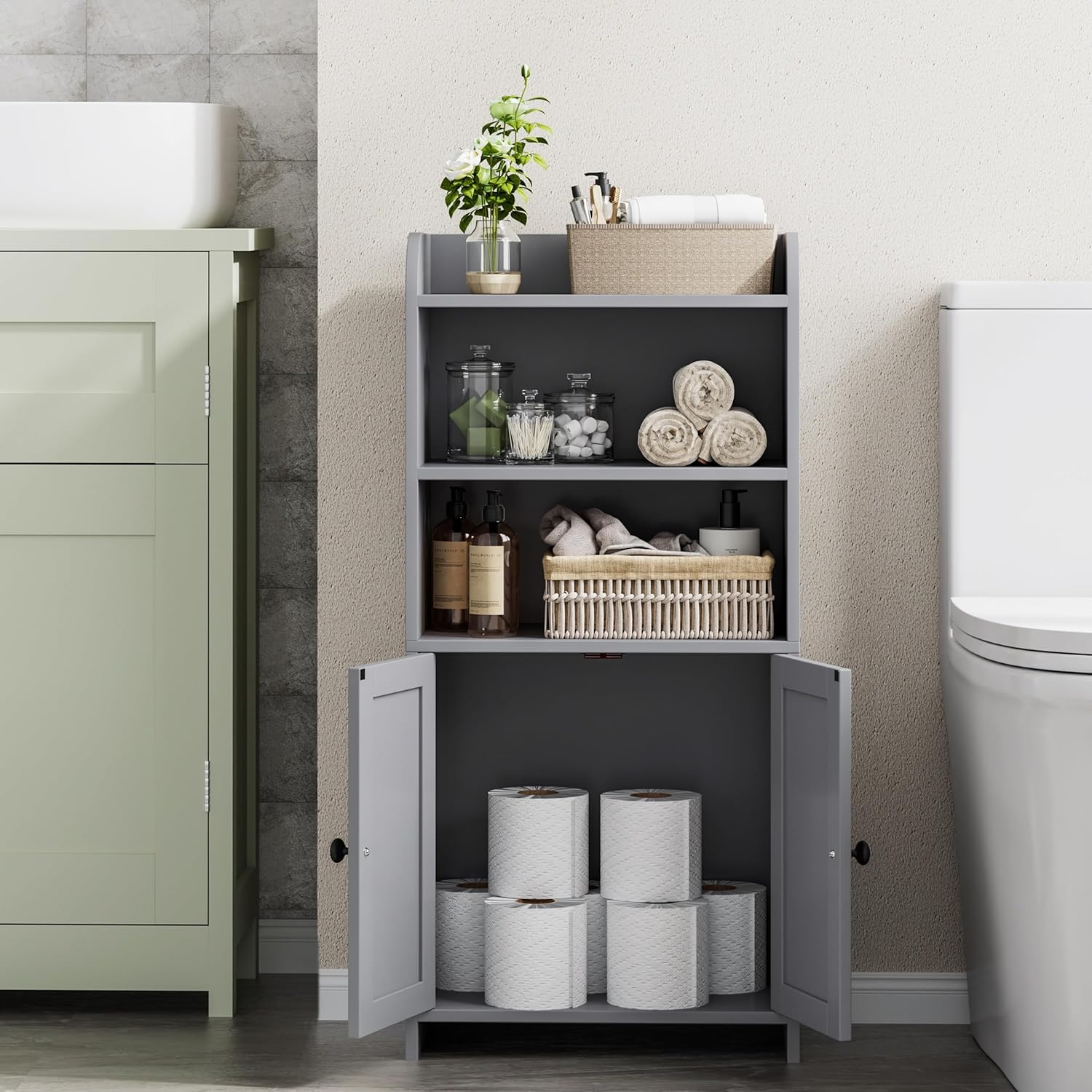 Freestanding Toilet Paper Storage with 2 Doors and Shelves, Bathroom Organizers and Storage for Small Spaces, 7.9" D x 14.6" W x 31" H