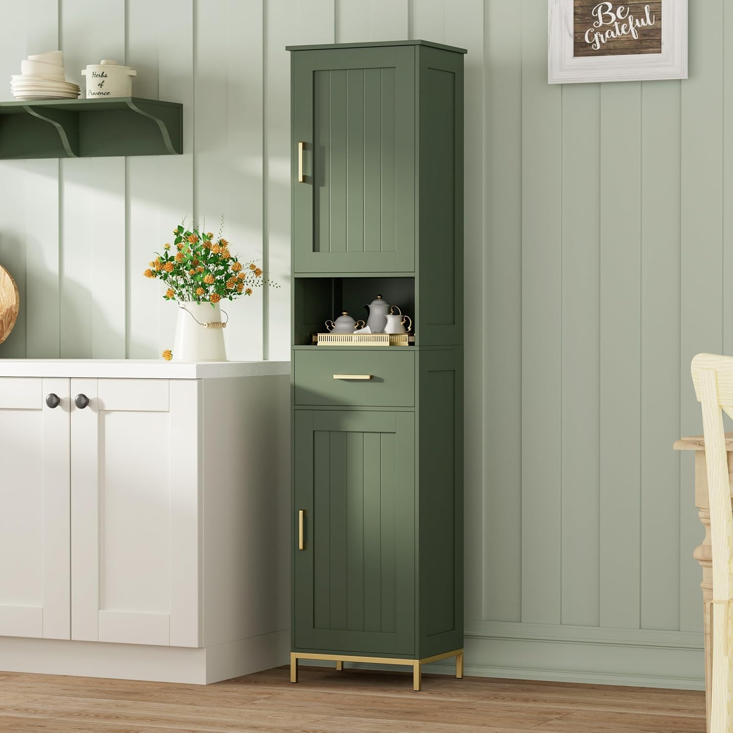 67" H Bathroom Storage Cabinet, Tall Storage Cabinet with Adjustable Shelves, Freestanding Cabinet with Doors and Drawer