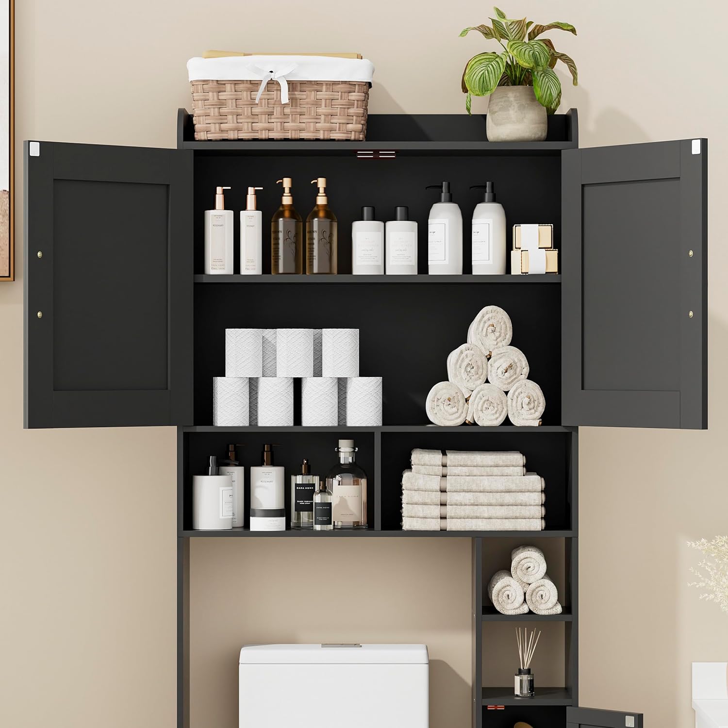 Over The Toilet Storage Cabinet with 2 Barn Door and Toilet Paper Holder Stand, 7.8"D x 30.7"W x 65.4"H