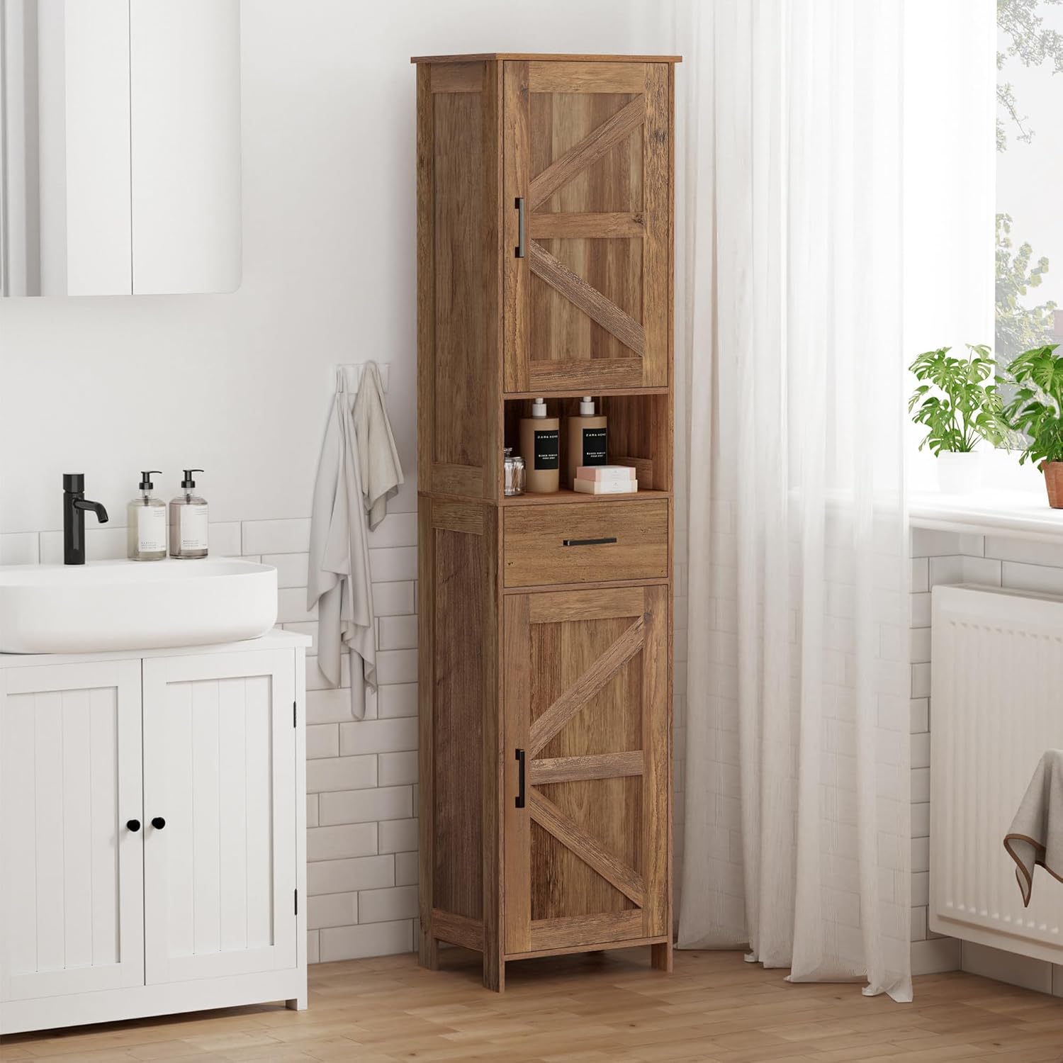 67" H Tall Bathroom Storage Cabinet with 2 Barn Doors and 1 Drawer, Narrow Storage Unit, Adjustable Shelves, 11.8"D x 15.7"W x 66.9"H