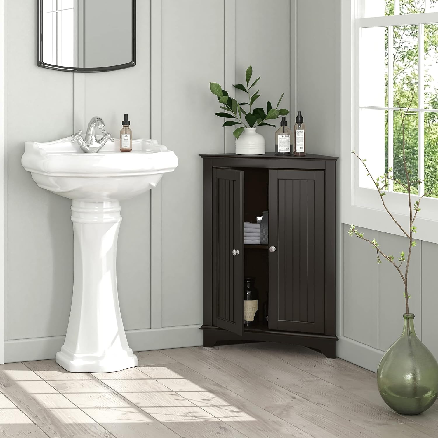 Floor Corner Cabinet with Two Doors and Shelves, Free-Standing Corner Storage Cabinets