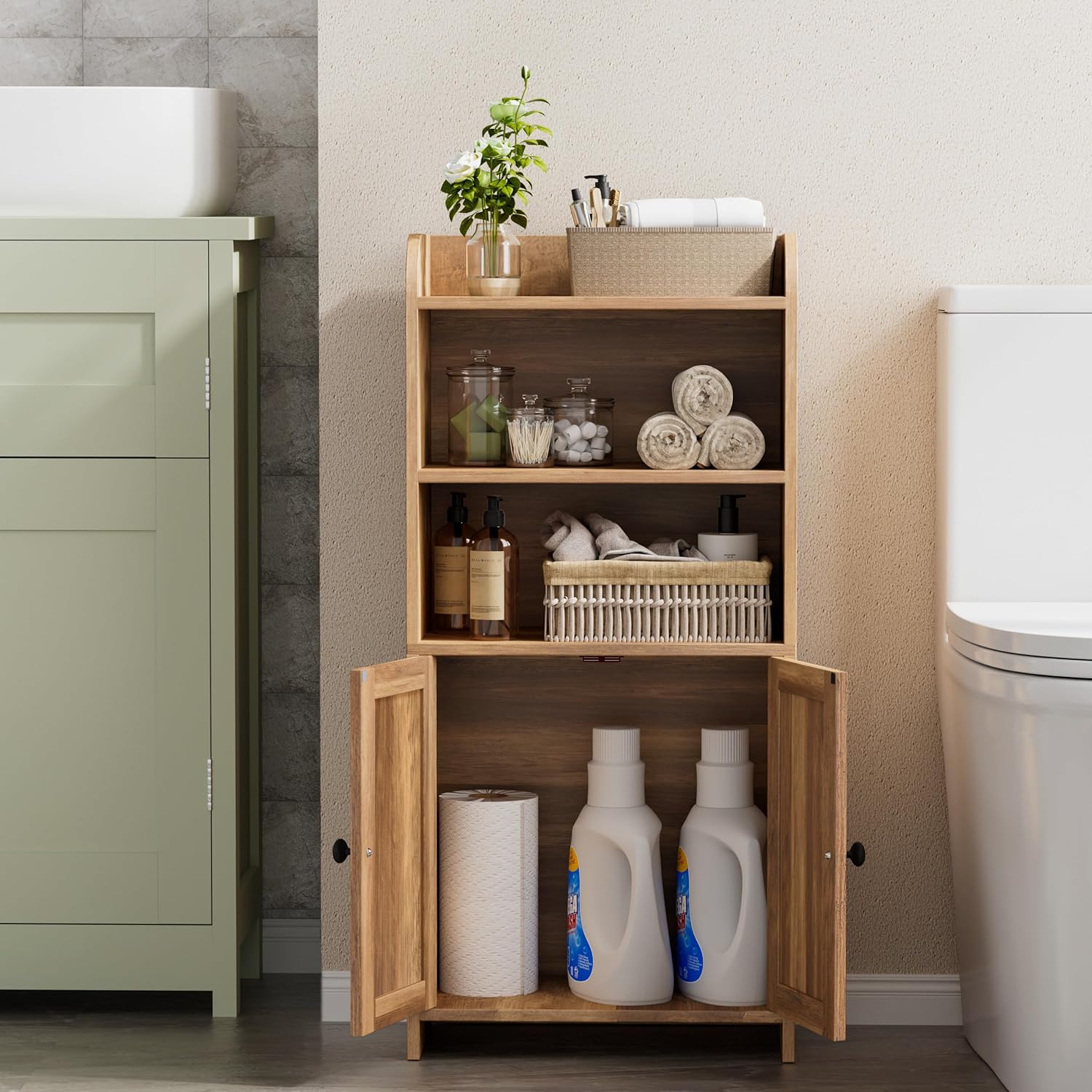 Freestanding Toilet Paper Storage with 2 Doors and Shelves, Bathroom Organizers and Storage for Small Spaces, 7.9" D x 14.6" W x 31" H