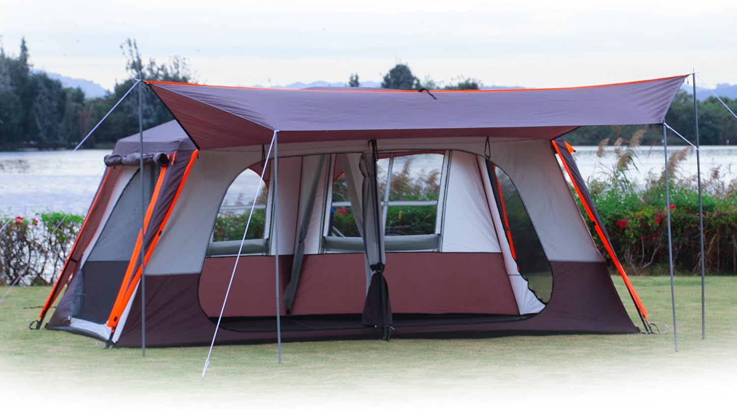 Extra Large Tent 12 Person, Awning Family Cabin Tents, 2 Rooms, 4 Doors and 4 Windows with Mesh, Straight Wall, Waterproof, Double Layer, Big Tent