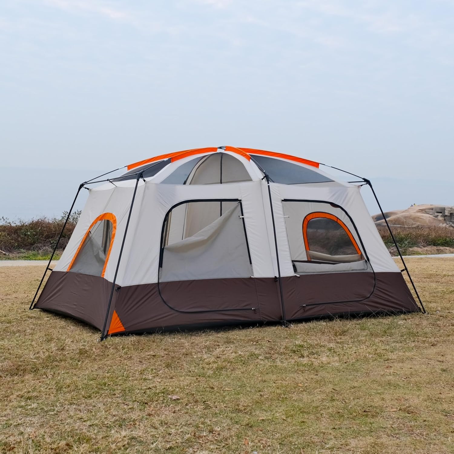 Large Tent 8-10 Person, 2 Rooms, 2 Doors and 4 Windows with Mesh, Straight Wall, Waterproof, Double Layer