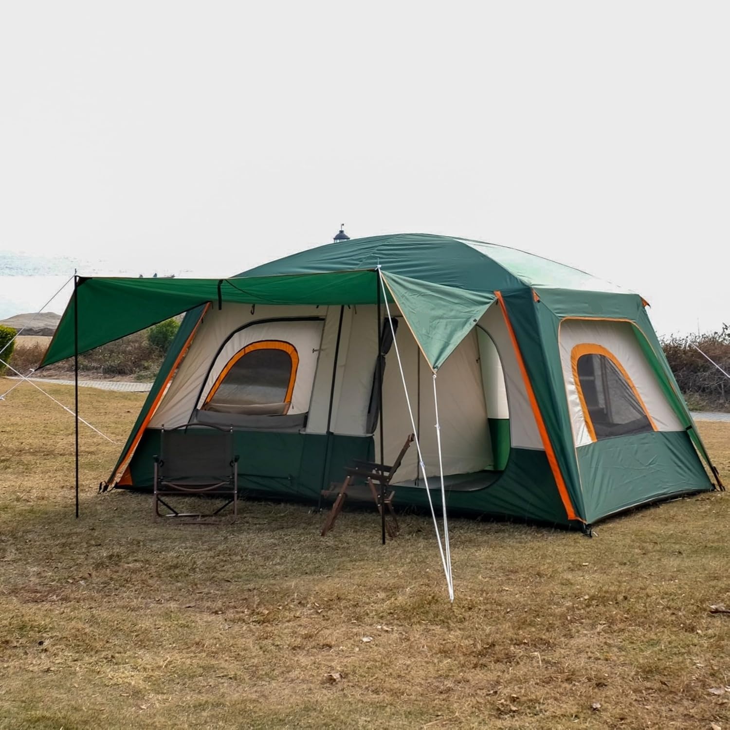 Tent 8-10 Person, Family Cabin Tents,2 Rooms,2 Doors and 4 Windows with Mesh, Straight Wall, Waterproof, Double Layer