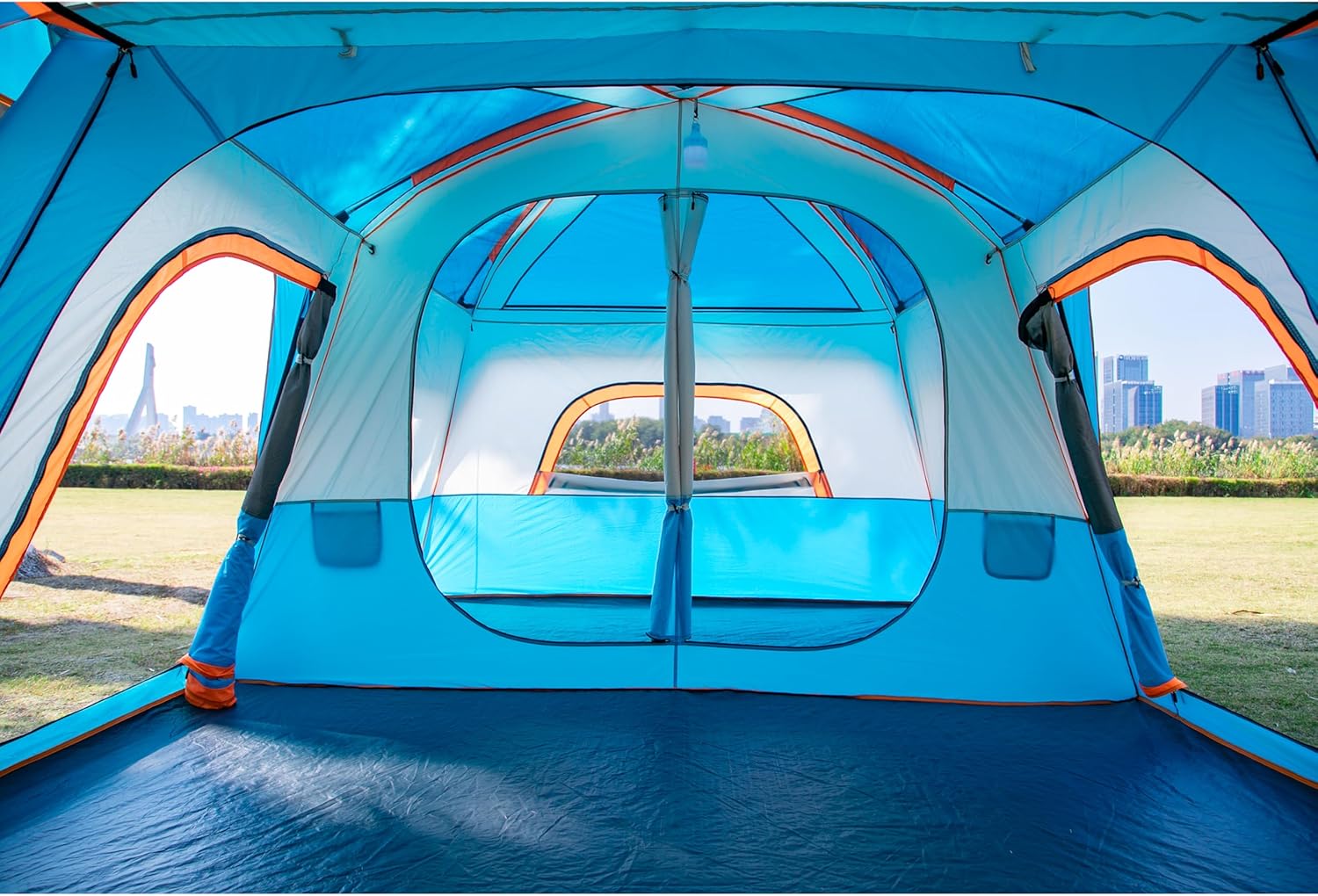 Extra Large Tent 12 Person(Style-B), Family Cabin Tents, 2 Rooms, 3 Doors and 3 Windows with Mesh, Straight Wall, Waterproof, Double Layer, Big Tent