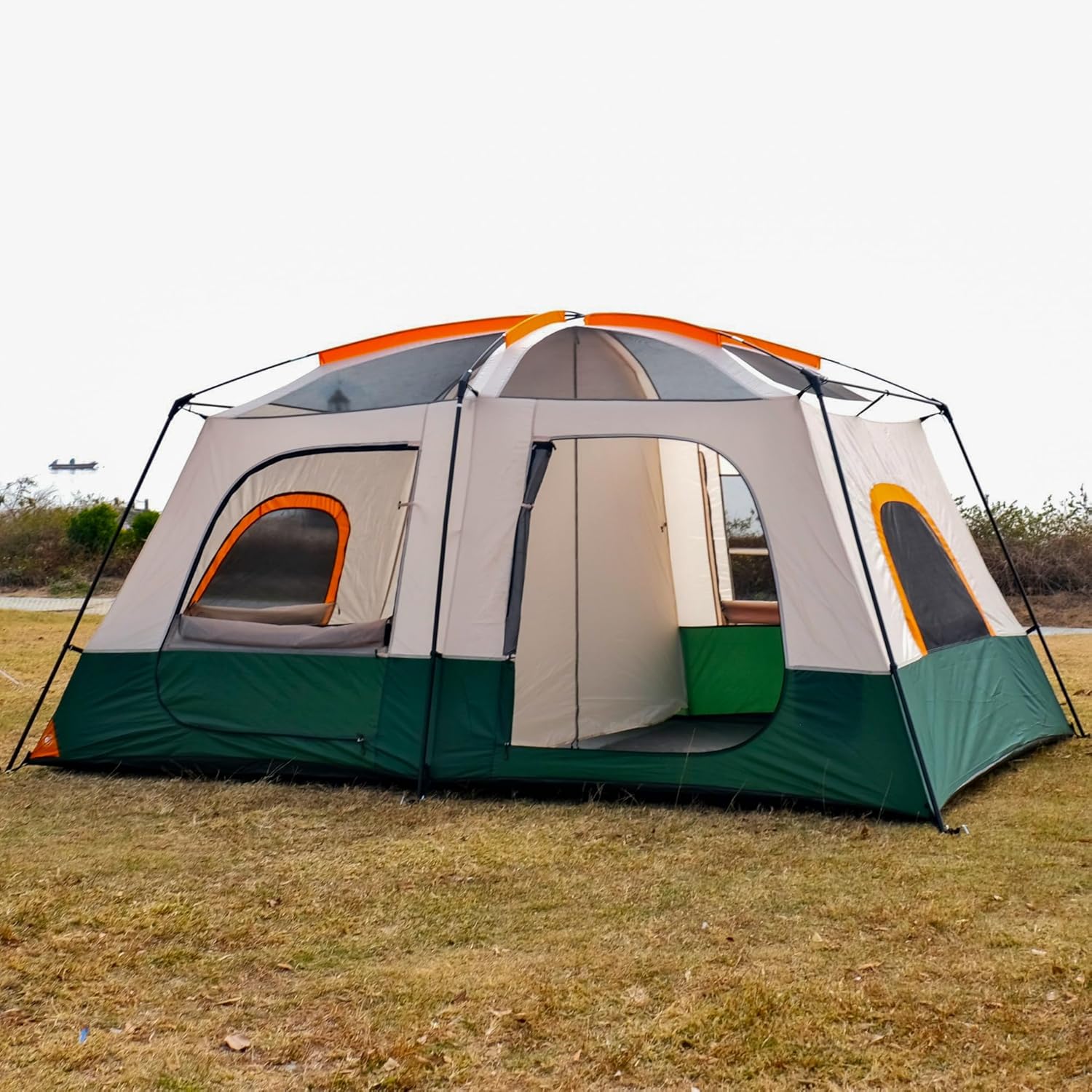 Tent 8-10 Person, Family Cabin Tents,2 Rooms,2 Doors and 4 Windows with Mesh, Straight Wall, Waterproof, Double Layer