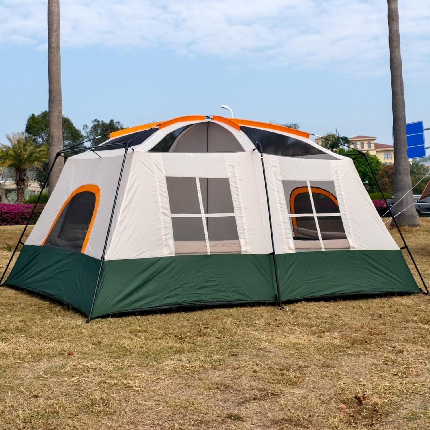 Tent 8-10 Person, Family Cabin Tents,2 Rooms,2 Doors and 4 Windows with Mesh, Straight Wall, Waterproof, Double Layer