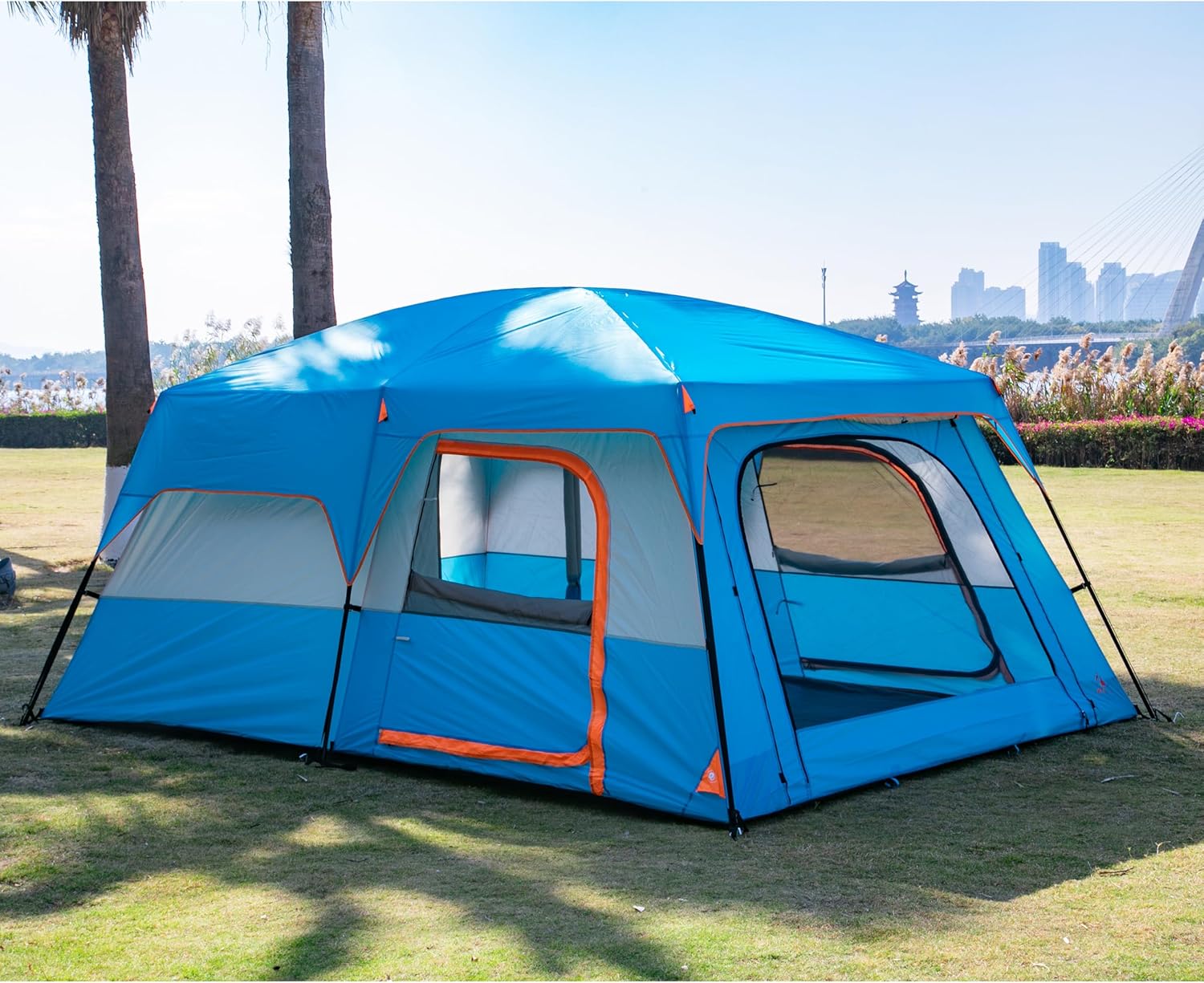 Extra Large Tent 12 Person(Style-B), Family Cabin Tents, 2 Rooms, 3 Doors and 3 Windows with Mesh, Straight Wall, Waterproof, Double Layer, Big Tent