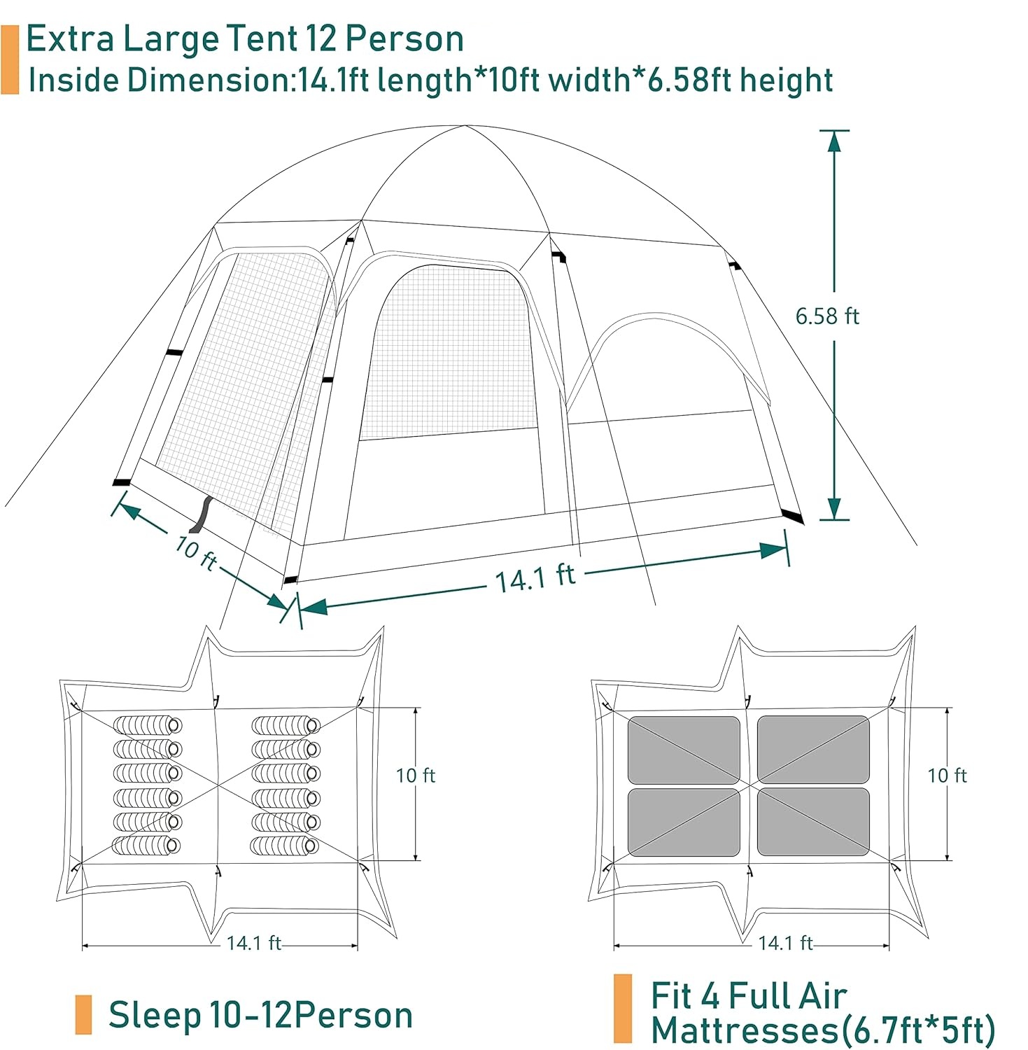Extra Large Tent 10-12 Person(B),Family Cabin Tents,2 Rooms,3 Doors and 3 Windows with Mesh, Straight Wall