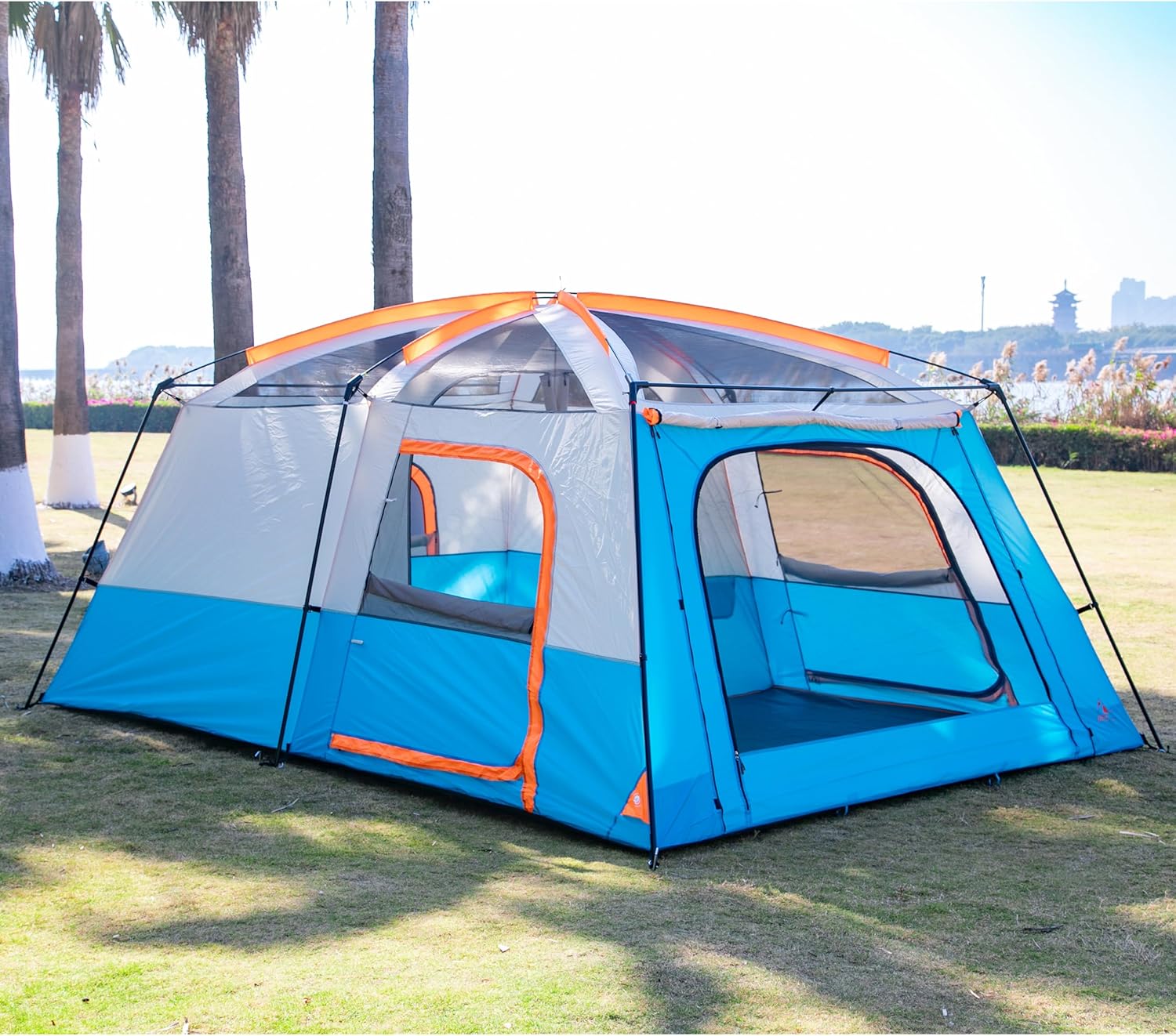 Extra Large Tent 12 Person(Style-B), Family Cabin Tents, 2 Rooms, 3 Doors and 3 Windows with Mesh, Straight Wall, Waterproof, Double Layer, Big Tent