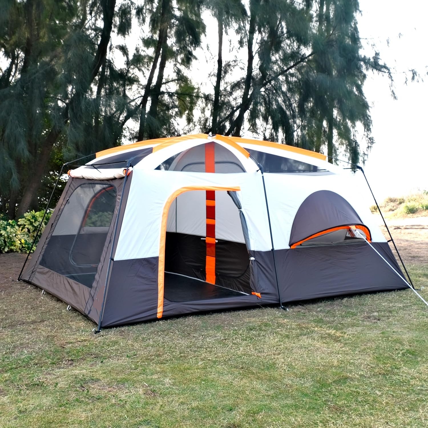 Extra Large Tent 12 Person(Style-B), Family Cabin Tents, 2 Rooms, 3 Doors and 3 Windows with Mesh, Straight Wall, Waterproof, Double Layer, Big Tent