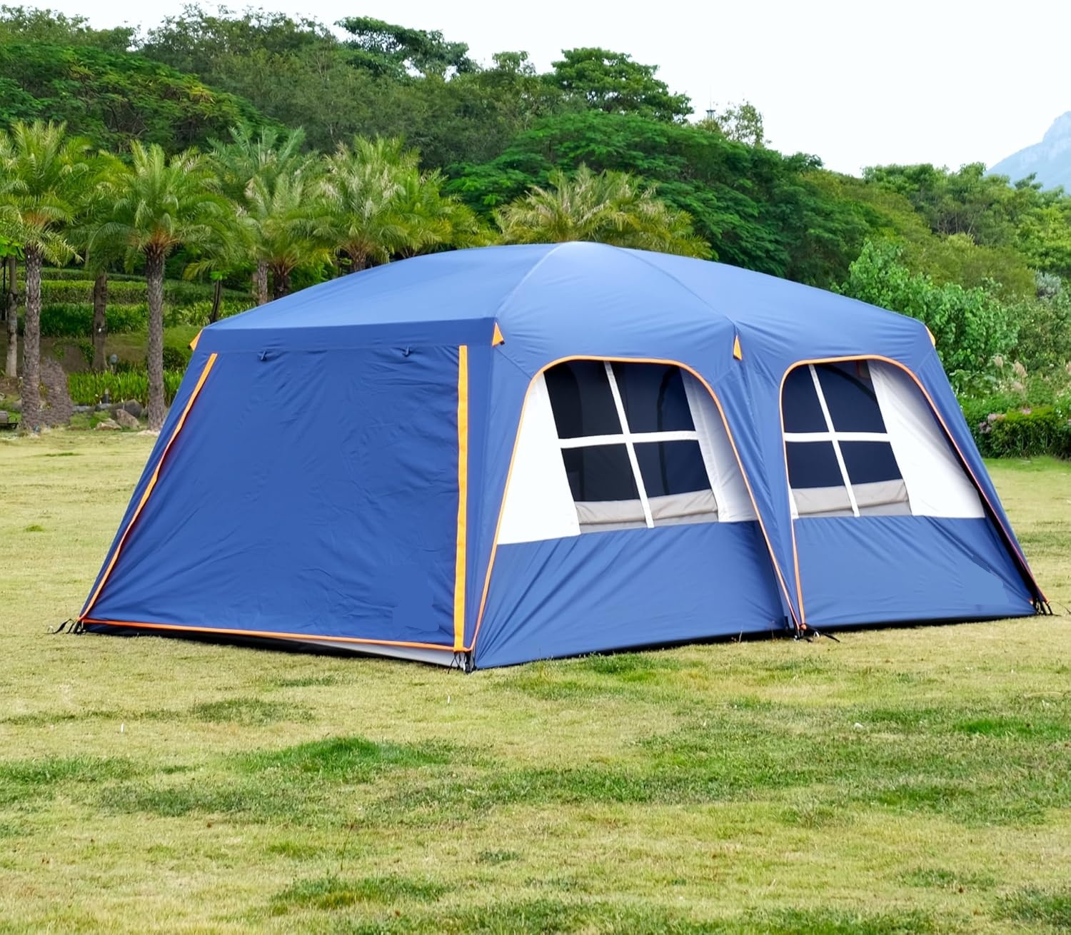 Extra Large Tent 12 Person, Awning Family Cabin Tents, 2 Rooms, 4 Doors and 4 Windows with Mesh, Straight Wall