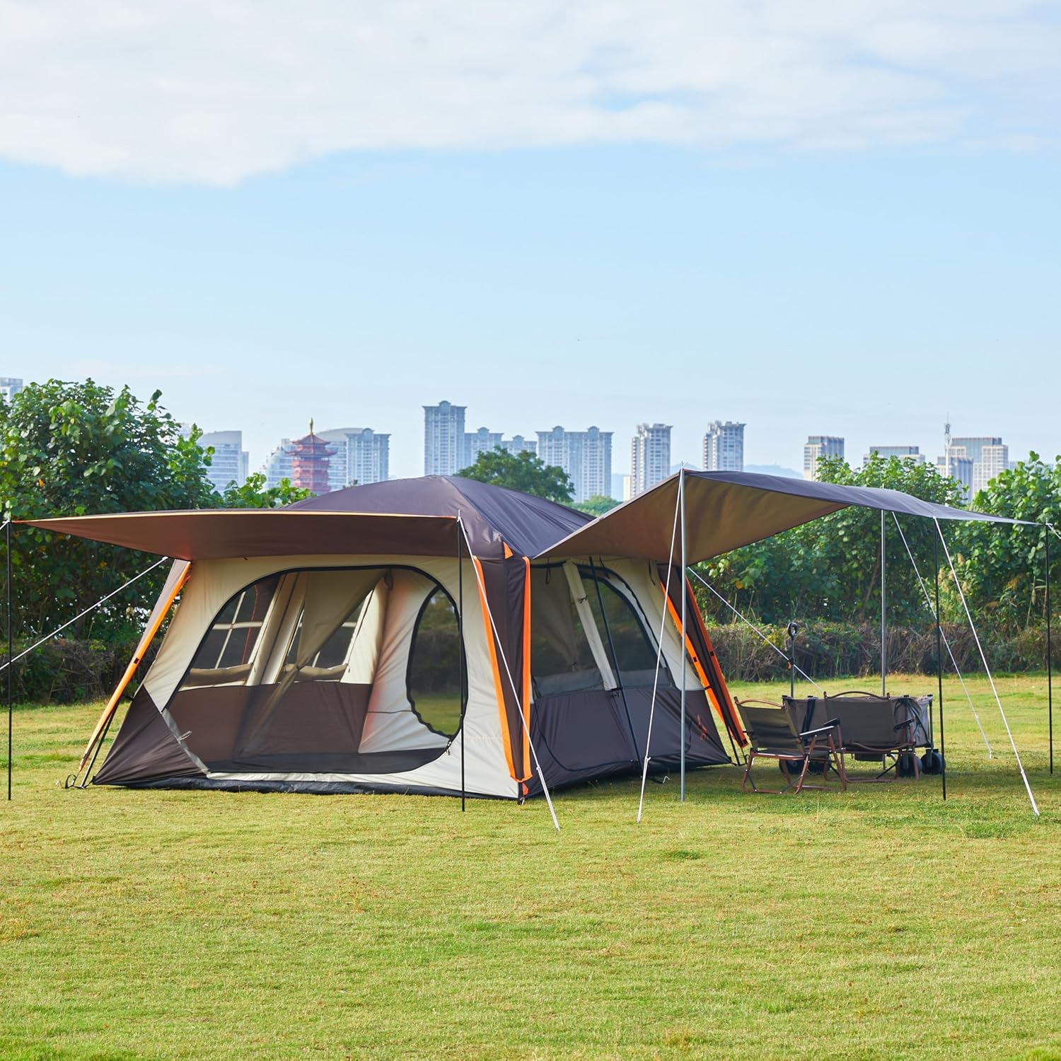 Extra Large Tent 12 Person, Awning Family Cabin Tents, 2 Rooms, 4 Doors and 4 Windows with Mesh, Straight Wall, Waterproof, Double Layer, Big Tent