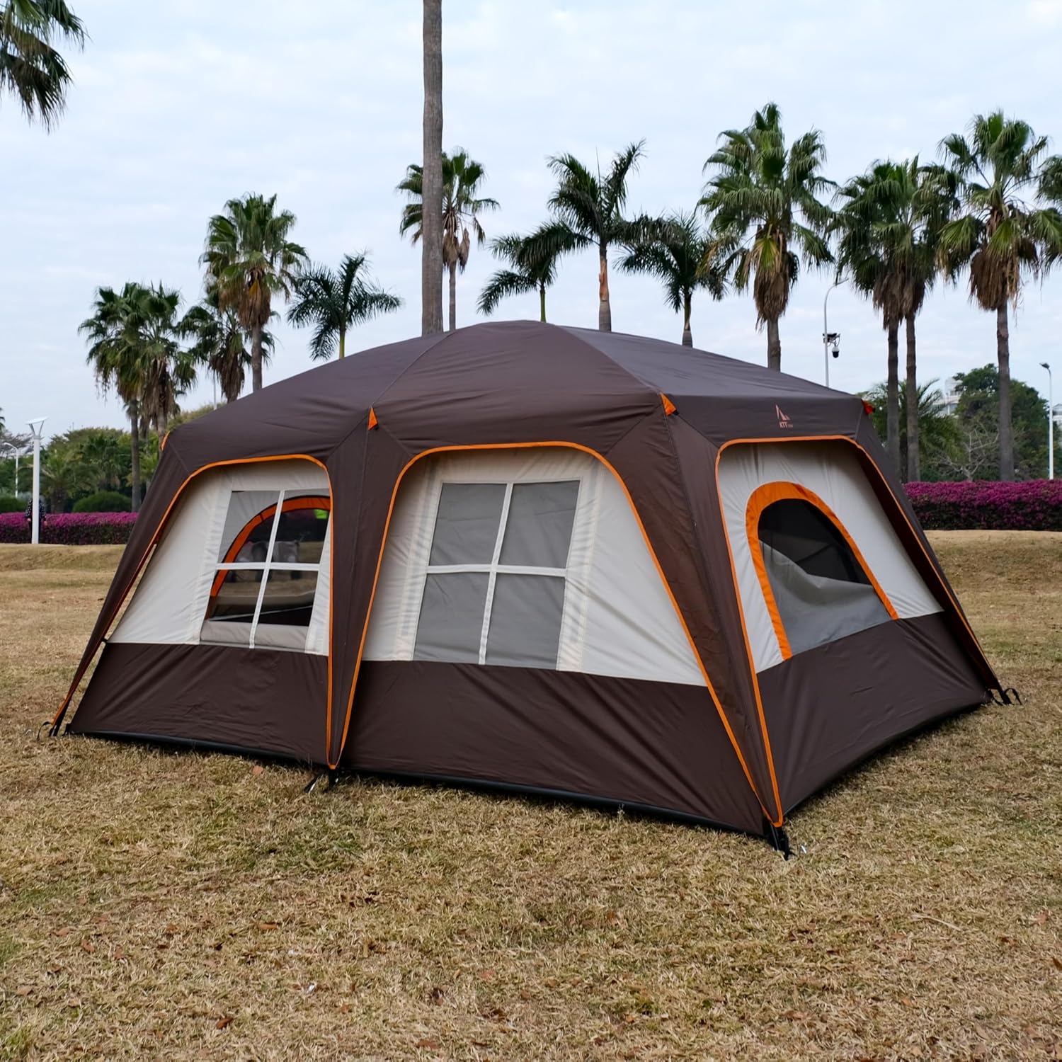 Large Tent 8-10 Person, 2 Rooms, 2 Doors and 4 Windows with Mesh, Straight Wall, Waterproof, Double Layer