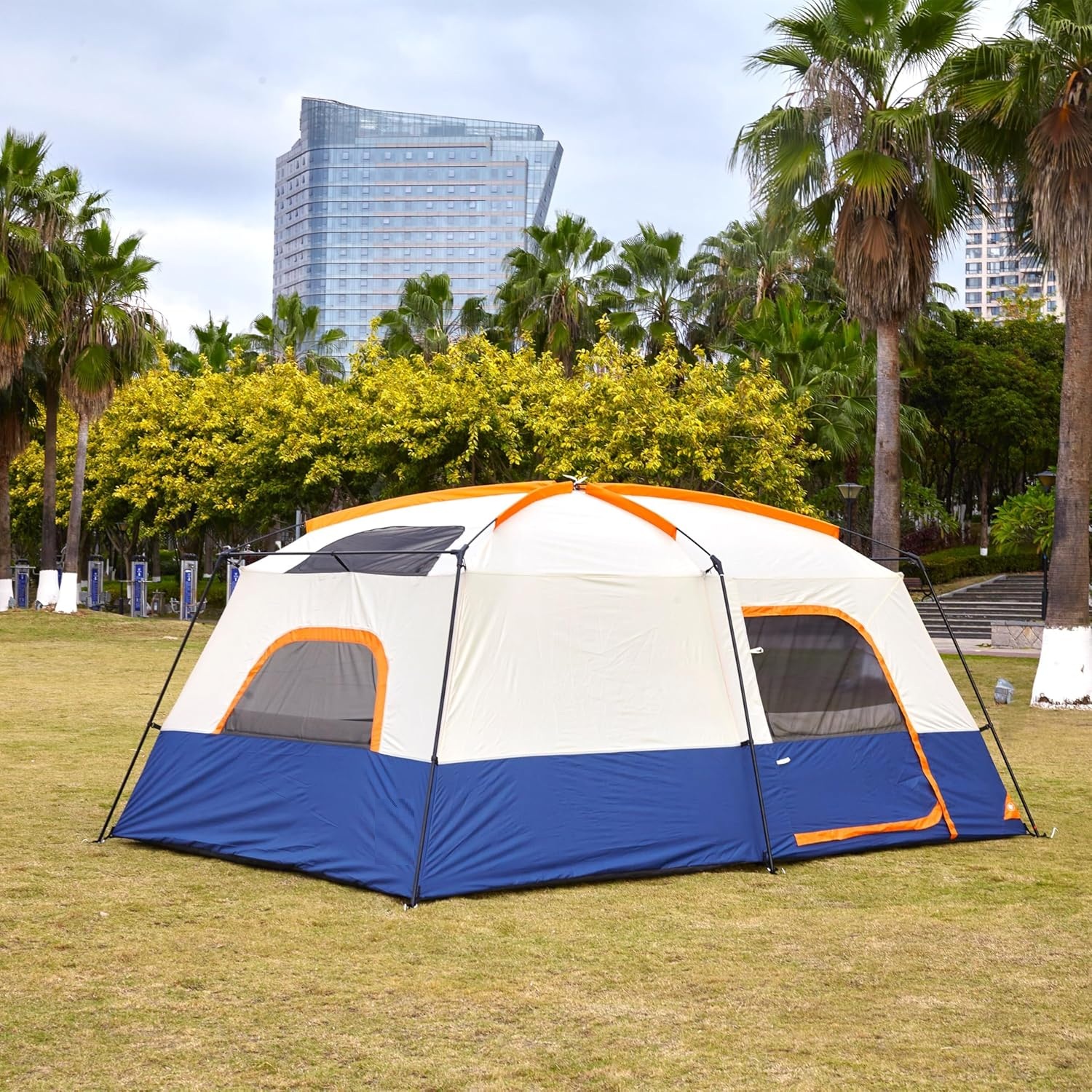 Extra Large Tent 12 Person(Style-B), Family Cabin Tents, 2 Rooms, 3 Doors and 3 Windows with Mesh, Straight Wall, Waterproof, Double Layer, Big Tent