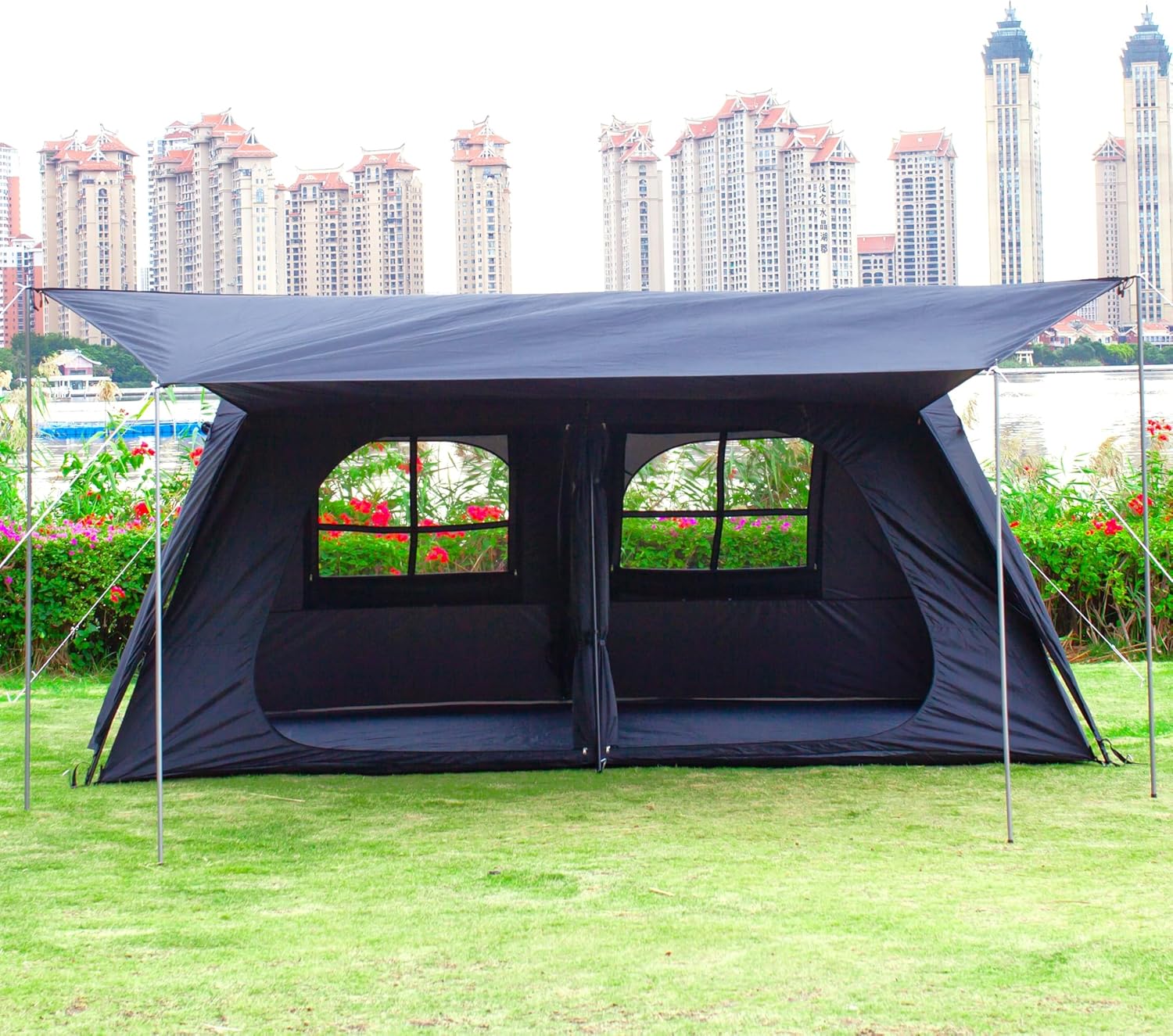 Extra Large Tent 12 Person, Awning Family Cabin Tents, 2 Rooms, 4 Doors and 4 Windows with Mesh