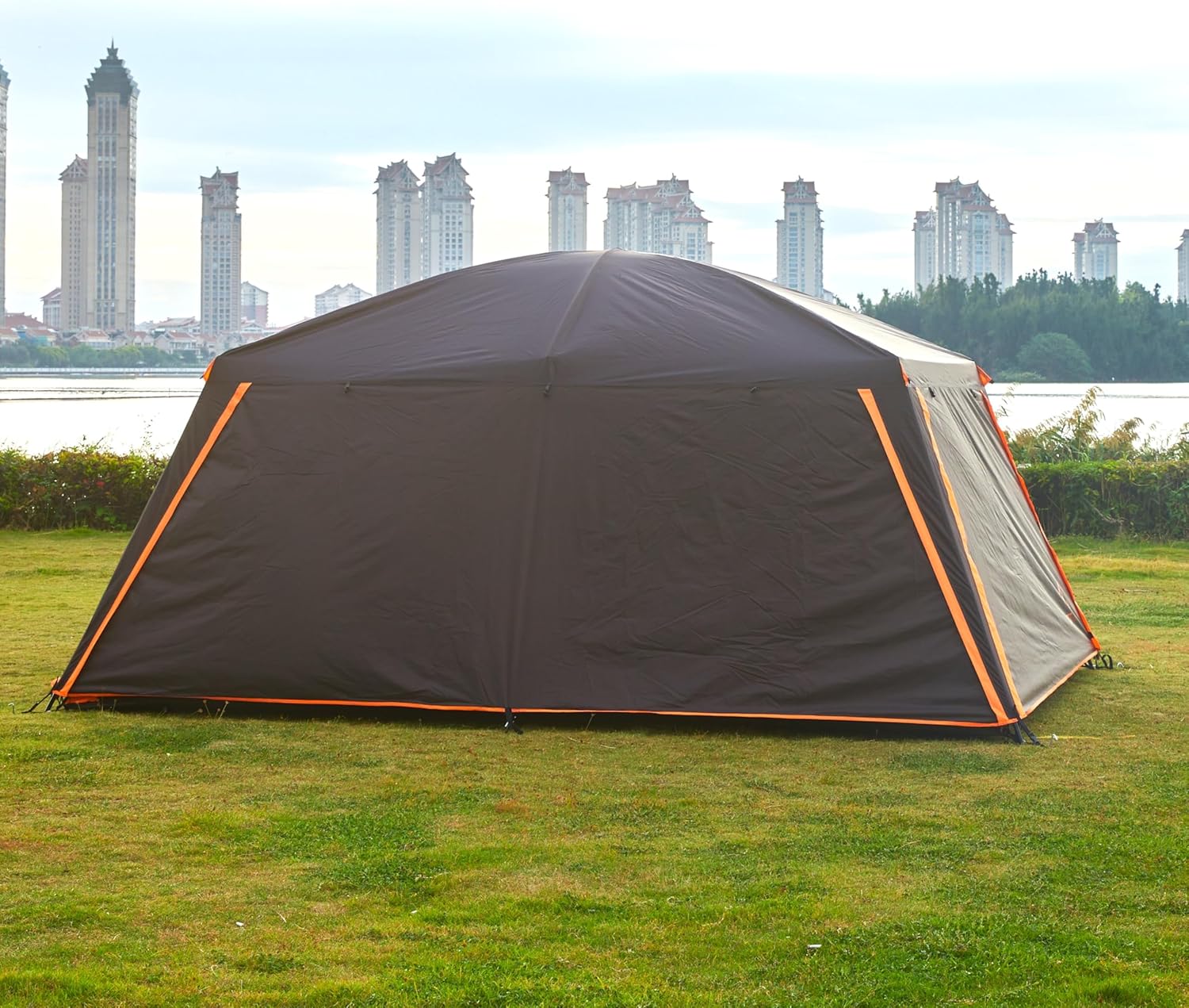 Extra Large Tent 12 Person, Awning Family Cabin Tents, 2 Rooms, 4 Doors and 4 Windows with Mesh, Straight Wall, Waterproof, Double Layer, Big Tent