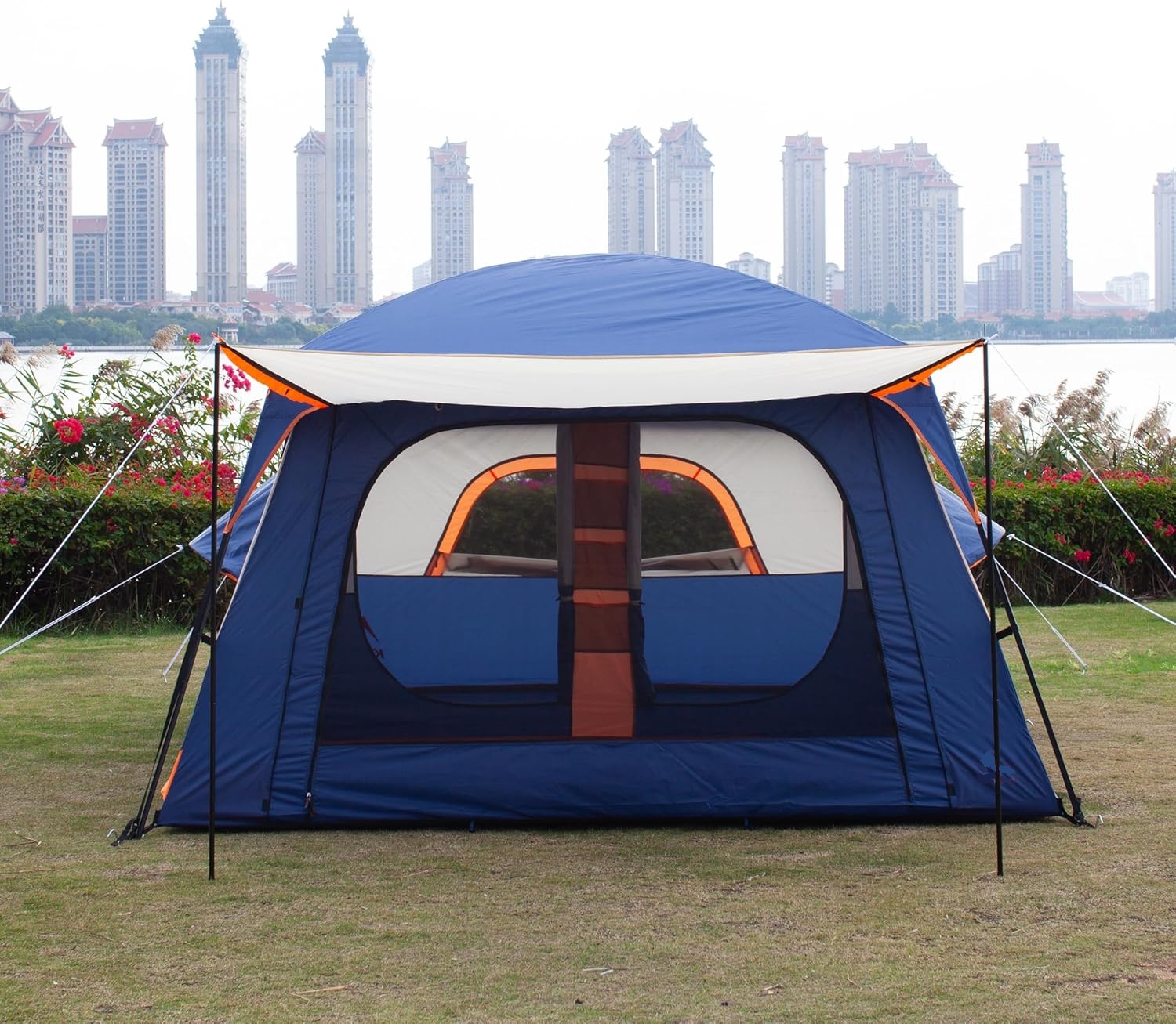Extra Large Tent 12 Person(Style-B), Family Cabin Tents, 2 Rooms, 3 Doors and 3 Windows with Mesh, Straight Wall, Waterproof, Double Layer, Big Tent