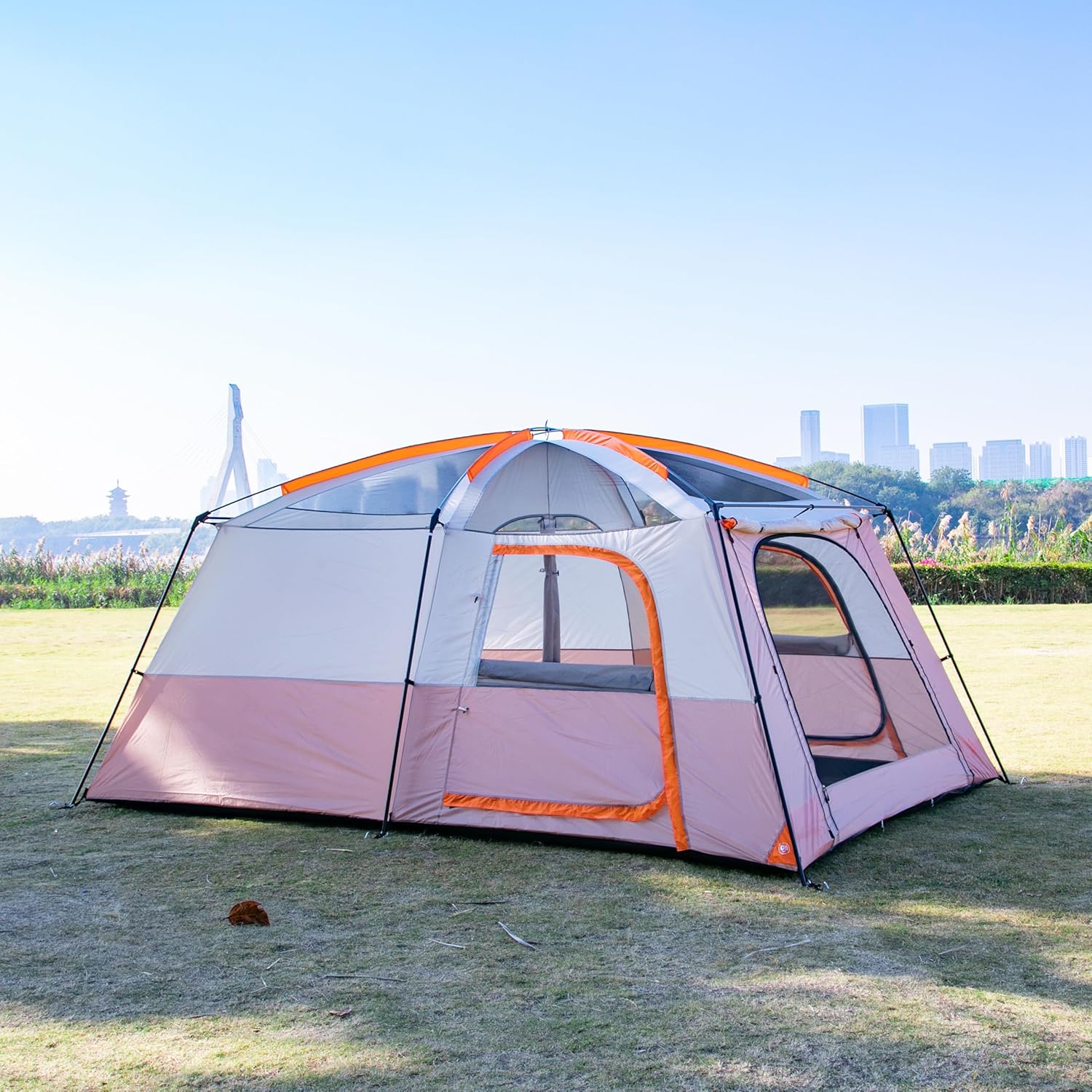 Extra Large Tent 12 Person(Style-B), Family Cabin Tents, 2 Rooms, 3 Doors and 3 Windows with Mesh, Straight Wall, Waterproof, Double Layer, Big Tent