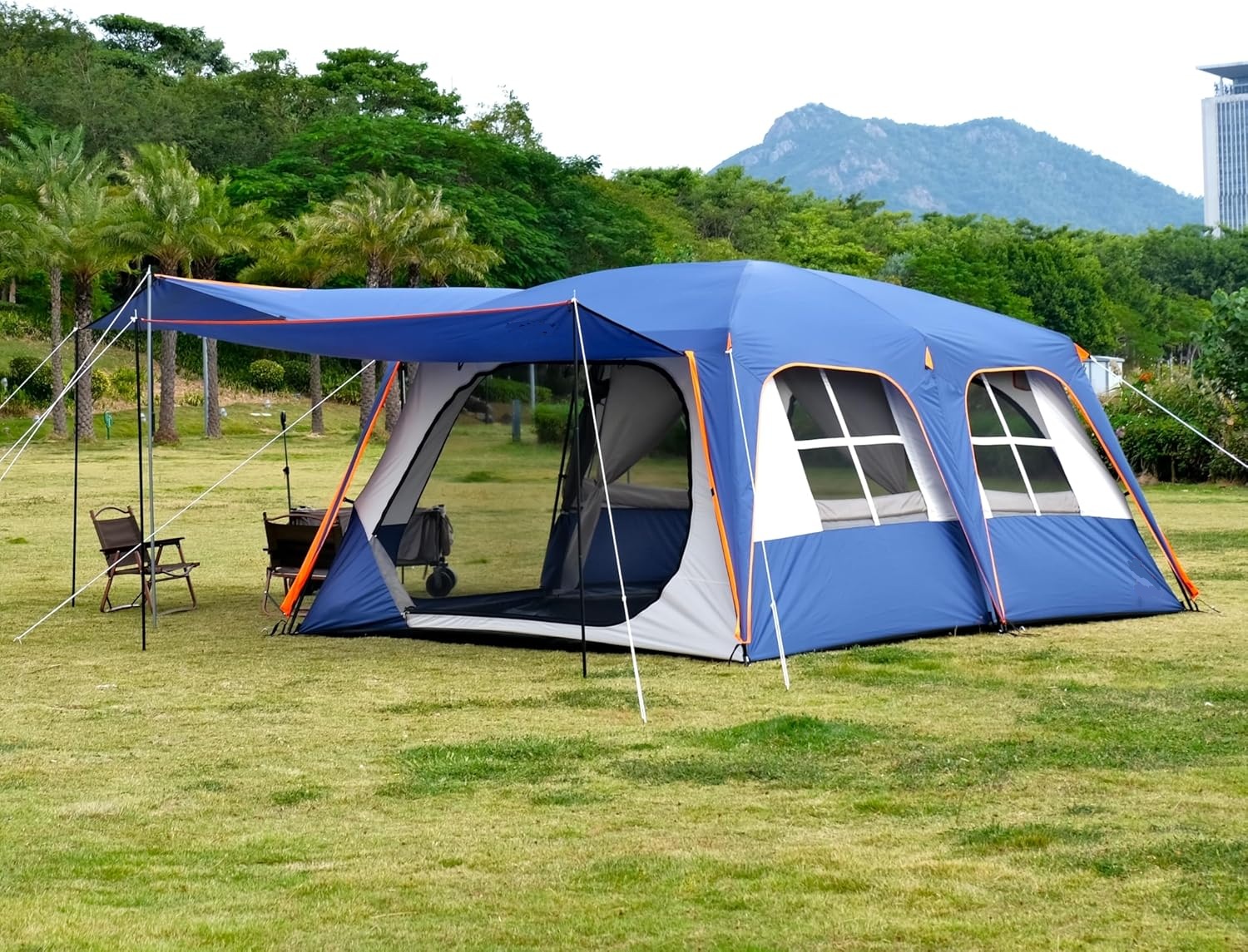 Extra Large Tent 12 Person, Awning Family Cabin Tents, 2 Rooms, 4 Doors and 4 Windows with Mesh, Straight Wall