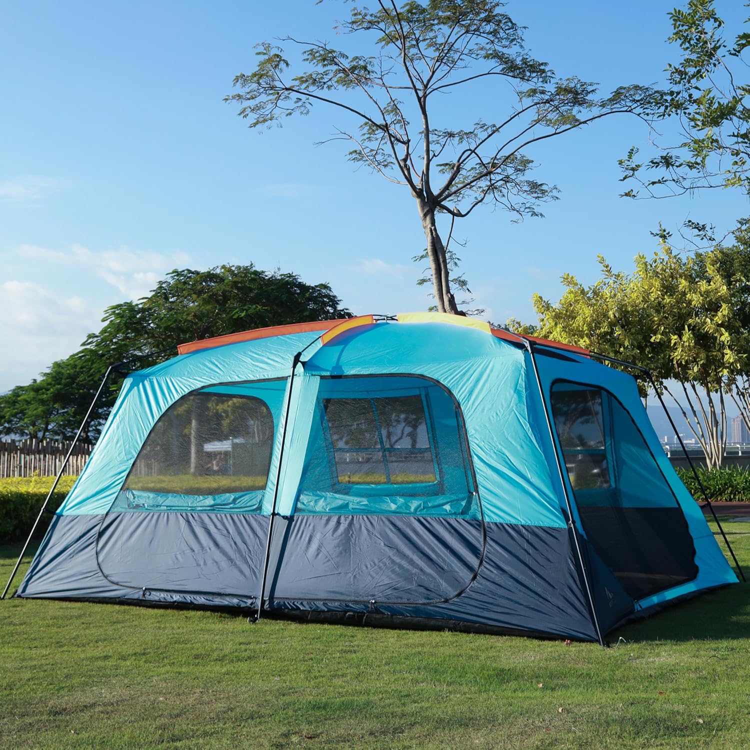 Extra Large Tent 12 Person, Awning Family Cabin Tents, 2 Rooms, 4 Doors and 4 Windows with Mesh, Straight Wall