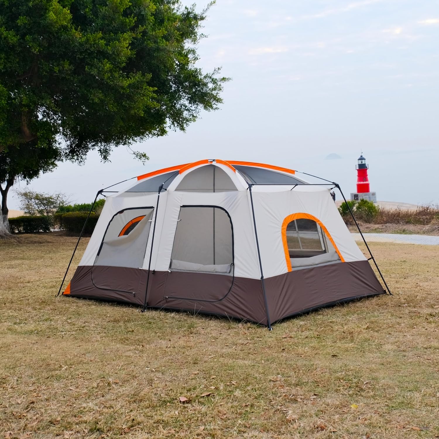 Large Tent 8-10 Person, 2 Rooms, 2 Doors and 4 Windows with Mesh, Straight Wall, Waterproof, Double Layer
