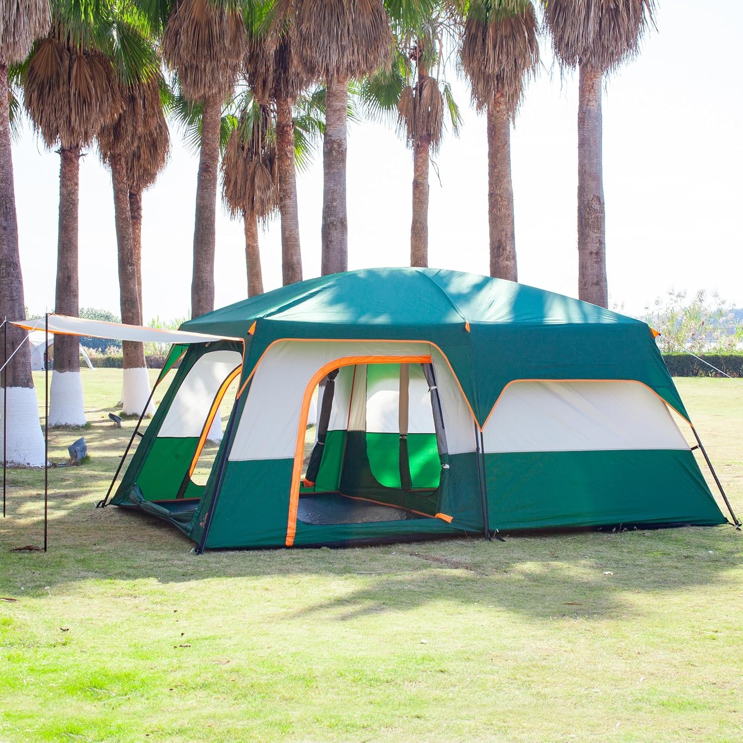 Extra Large Tent 10 Person (Style-B), Family Cabin Tents, 2 Rooms,3 Doors and 3 Windows with Mesh, Straight Wall, Waterproof, Double Layer Tent