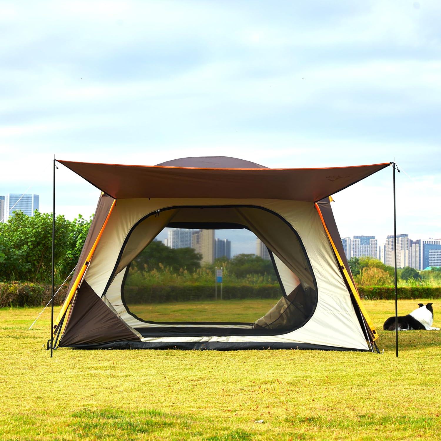 Extra Large Tent 12 Person, Awning Family Cabin Tents, 2 Rooms, 4 Doors and 4 Windows with Mesh, Straight Wall, Waterproof, Double Layer, Big Tent