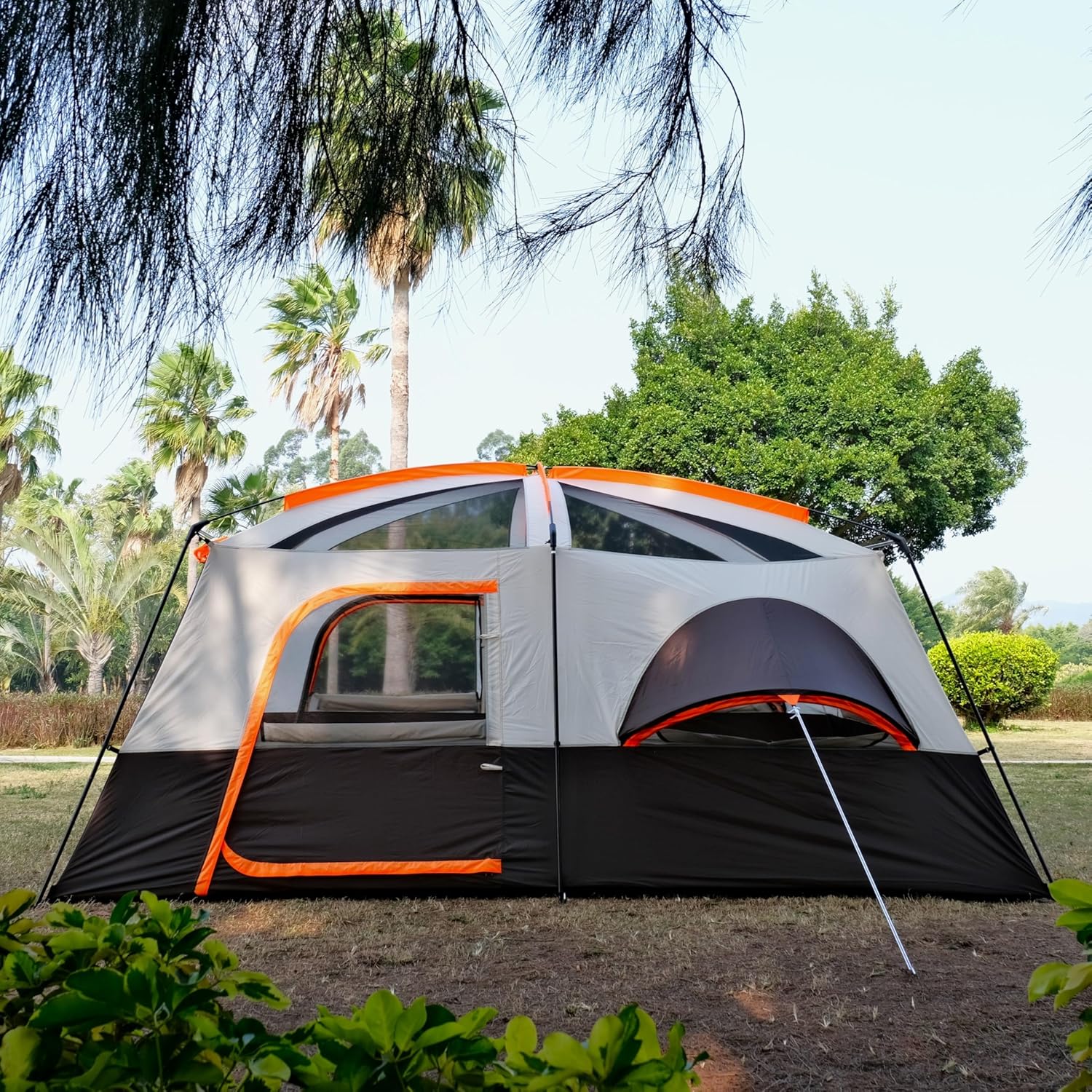 Extra Large Tent 12 Person(Style-B), Family Cabin Tents, 2 Rooms, 3 Doors and 3 Windows with Mesh, Straight Wall, Waterproof, Double Layer, Big Tent