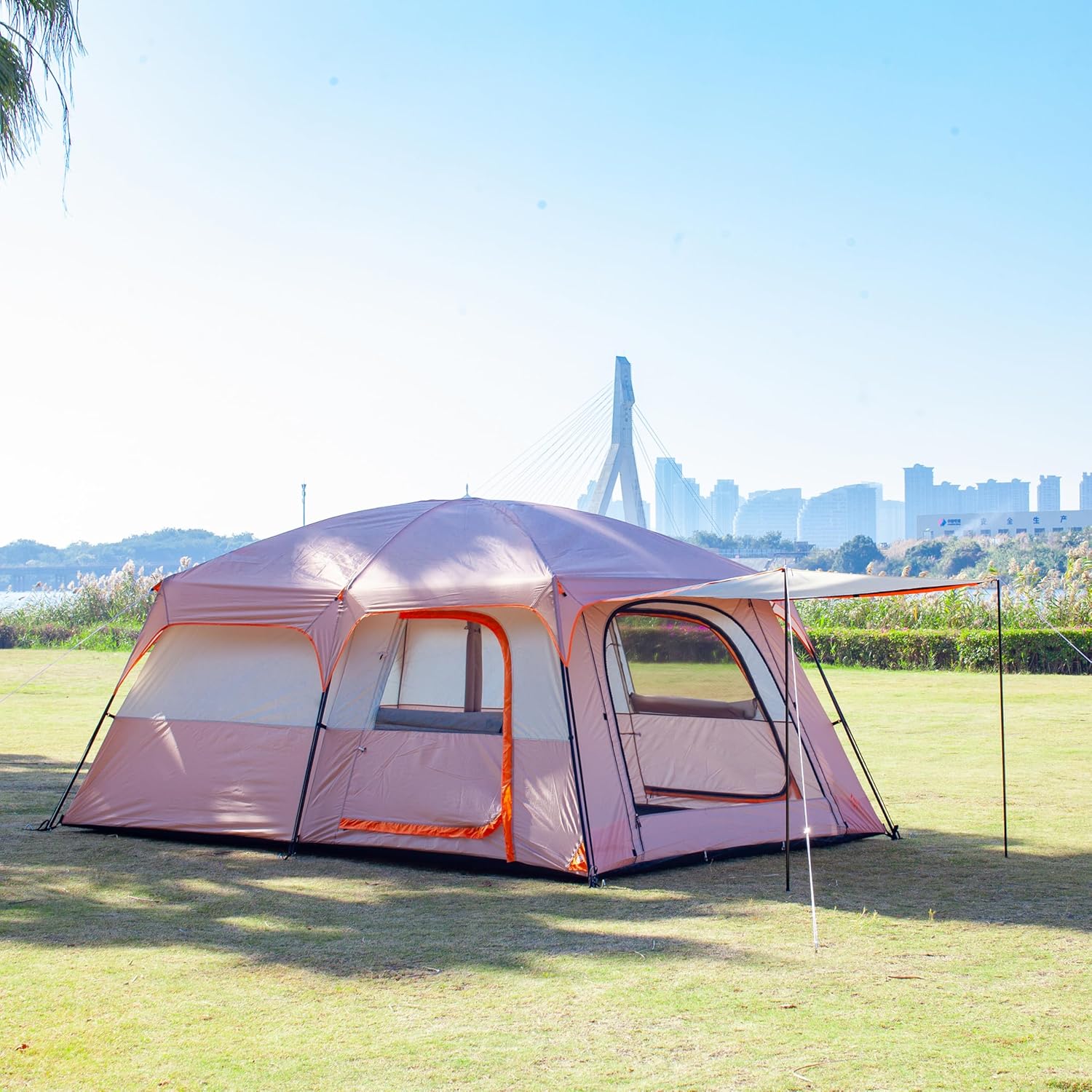 Extra Large Tent 12 Person(Style-B), Family Cabin Tents, 2 Rooms, 3 Doors and 3 Windows with Mesh, Straight Wall, Waterproof, Double Layer, Big Tent