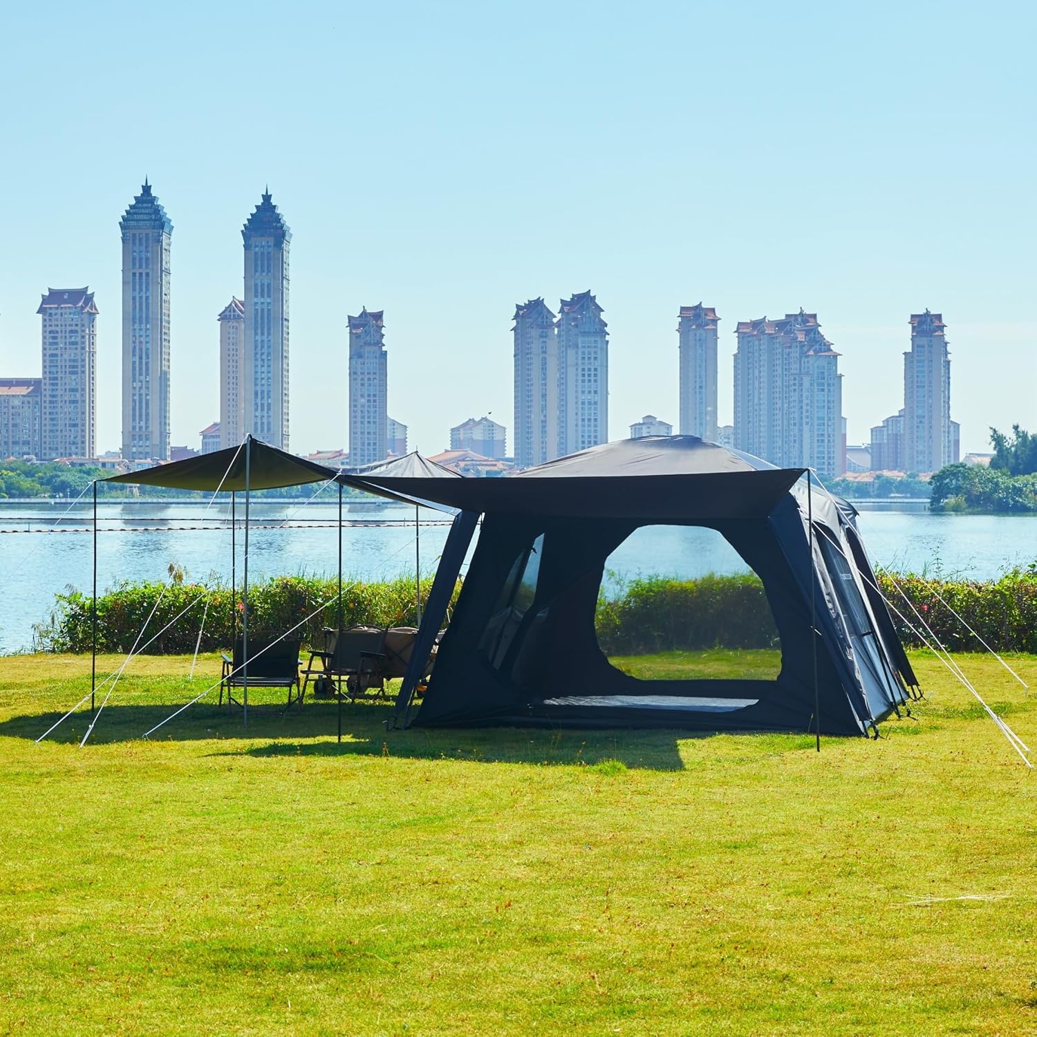 Extra Large Tent 12 Person, Awning Family Cabin Tents, 2 Rooms, 4 Doors and 4 Windows with Mesh