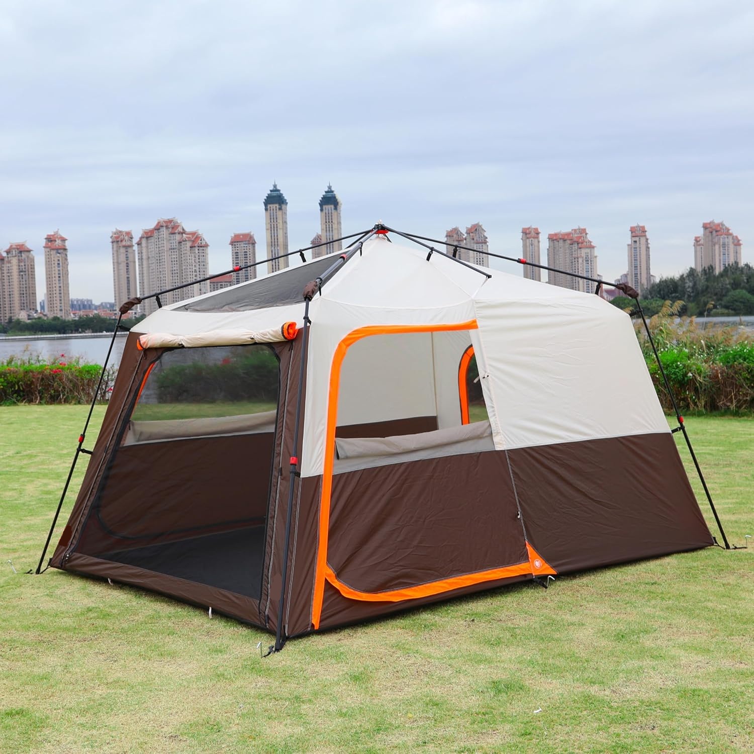 Instant Tent 6 Person(B), Family Cabin Tents, 2 Rooms, 3 Doors and 3 Windows with Mesh