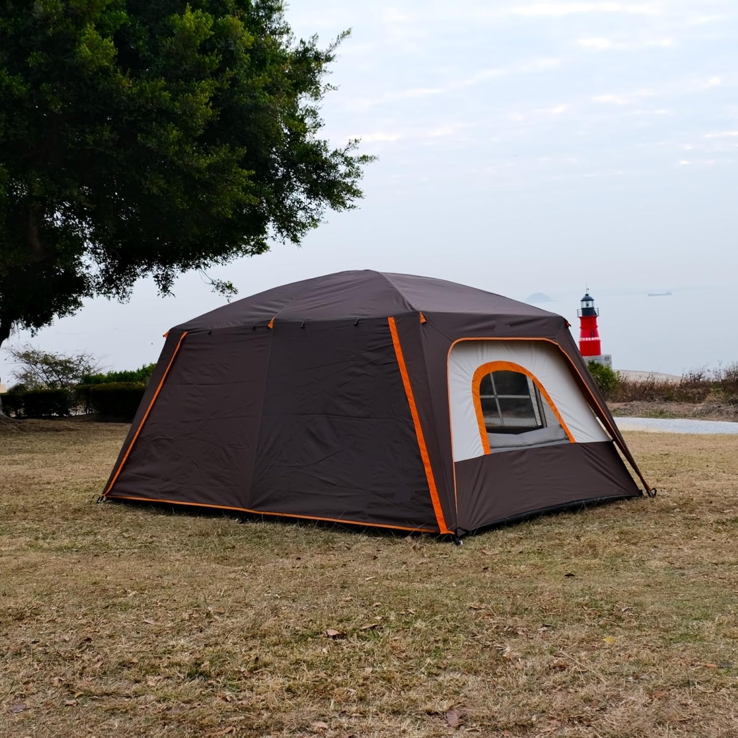 Large Tent 8-10 Person, 2 Rooms, 2 Doors and 4 Windows with Mesh, Straight Wall, Waterproof, Double Layer